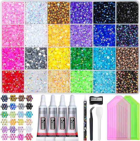 Resin Jelly Rhinestones Kit - 35,000 Multicolor 3mm Flatback Gems + 4 B7000 Jewelry Glue & Tools | DIY Arts & Crafts Set