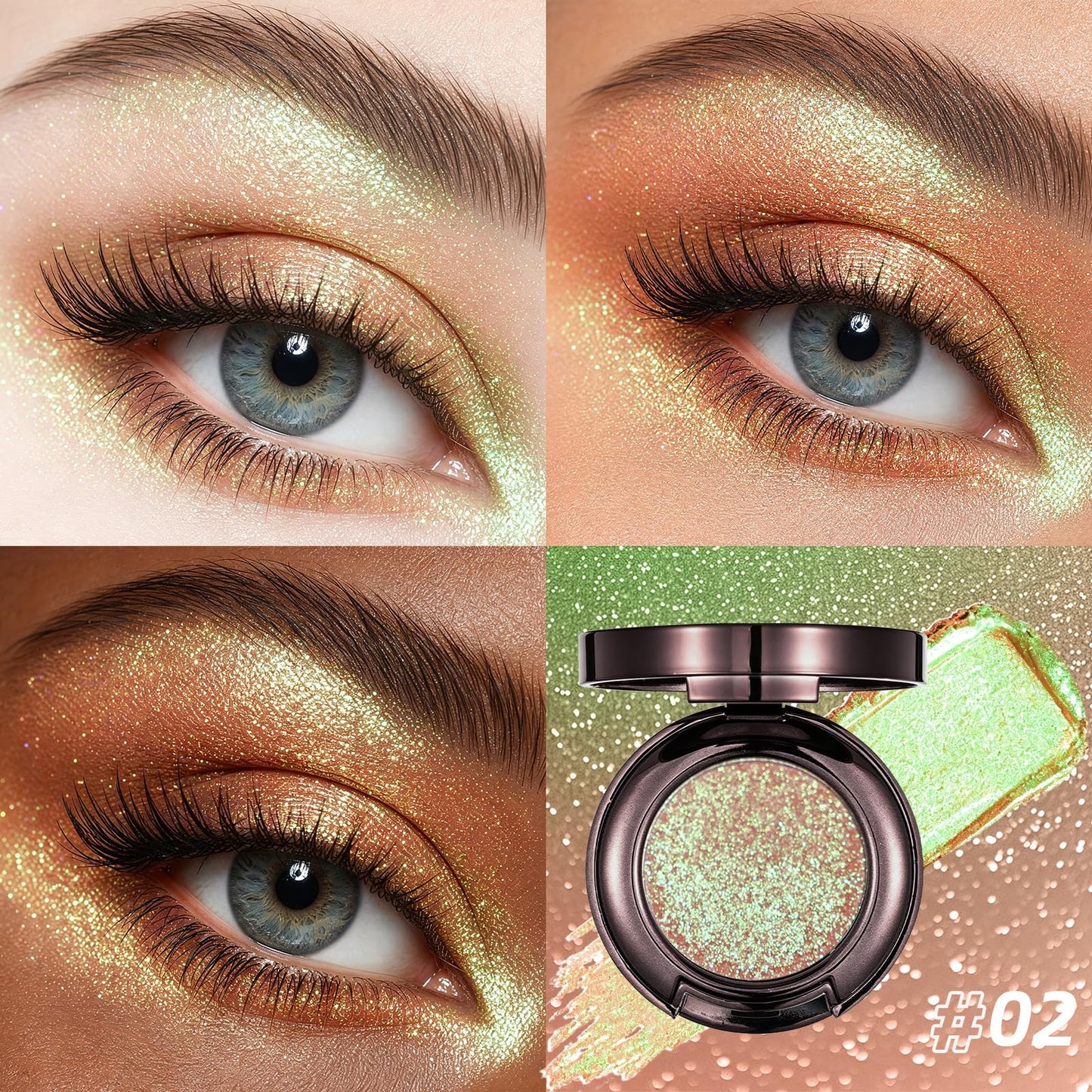 U-Shinein Holographic Duochrome Glitter Eyeshadow Palette, Chameleon Chrome Single Eyeshadow, Champagne to Pink-Green Iridescent Sparkle Eye Brightener Makeup 02 Champagne Green-Pink