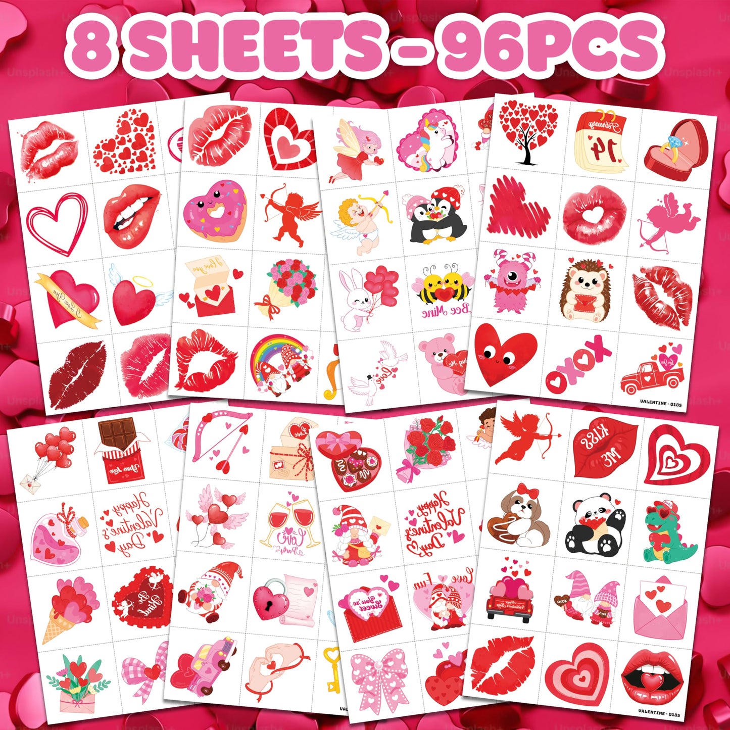 96PCS Valentine’s Day Love Heart Pre-Cut Temporary Tattoos for Kids