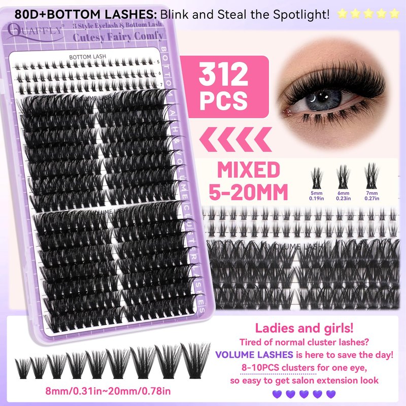QUAFFLY 1274Pcs Lash Extension Kit 40D+60D+80D+100D+Bottom Lashes+Spike lashes Individual Lash Clusters With Lash Bond&Seal Remover Tweezer Lash Curler for Natural DIY Cluster Eyelash Extensions Kit