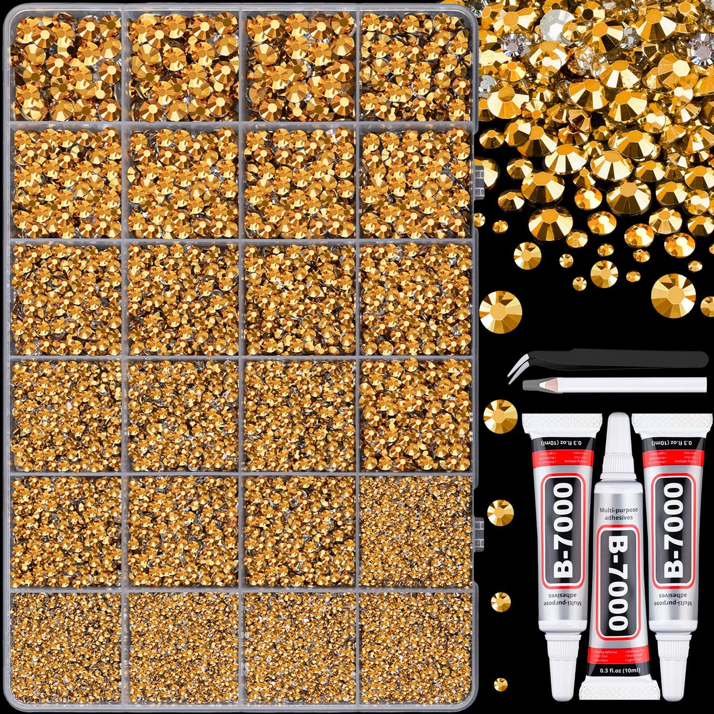 Resin Rhinestones - 32000 Pcs Flatback Gems for Bedazzling | Silver Clear Crystal Kit with 3 Pcs B7000 Glue for Nail Art & Crafts