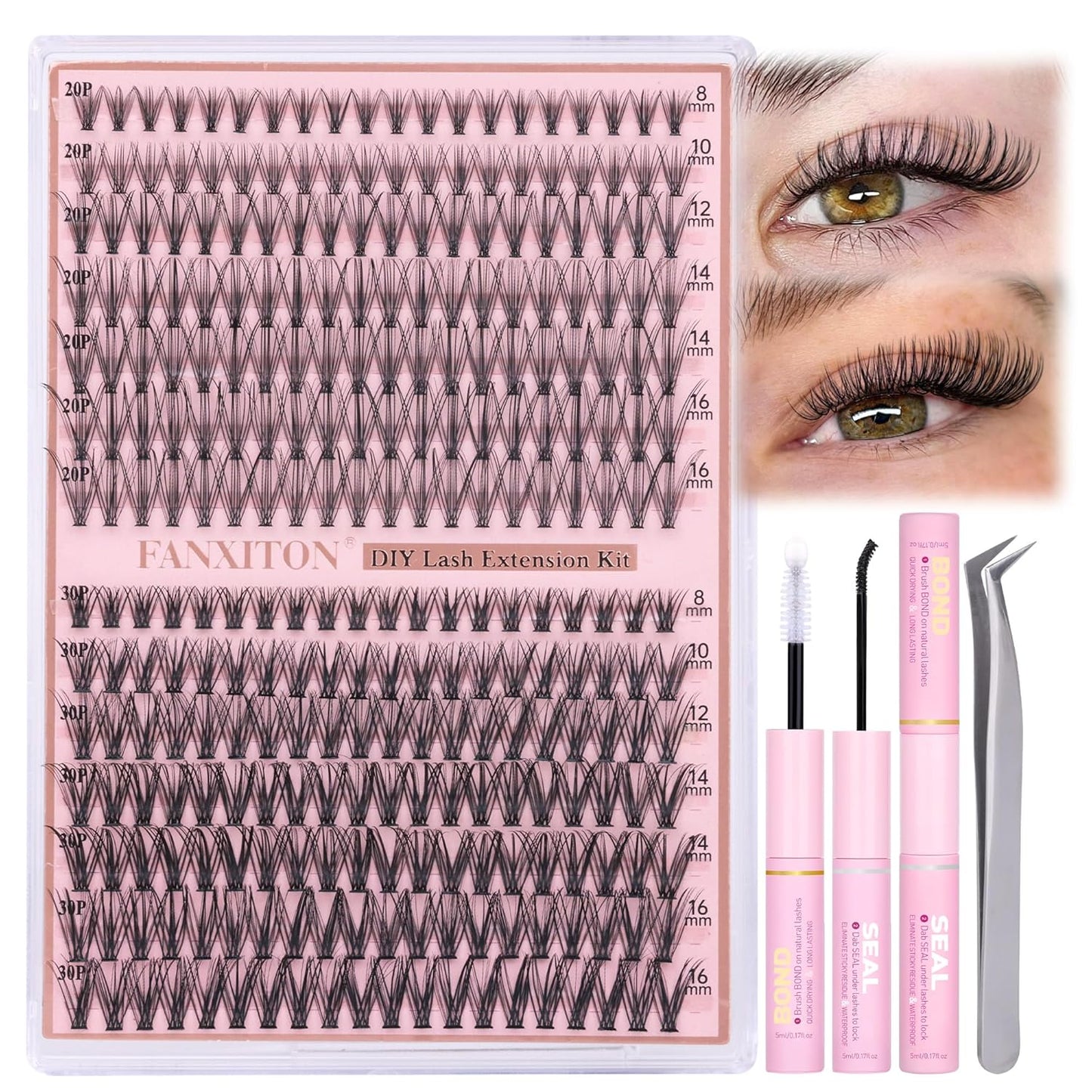 DIY Eyelash Extension Kit - Thick Volume 40D & 50D Cluster Lashes | 280 Pieces with Bond & Tweezers