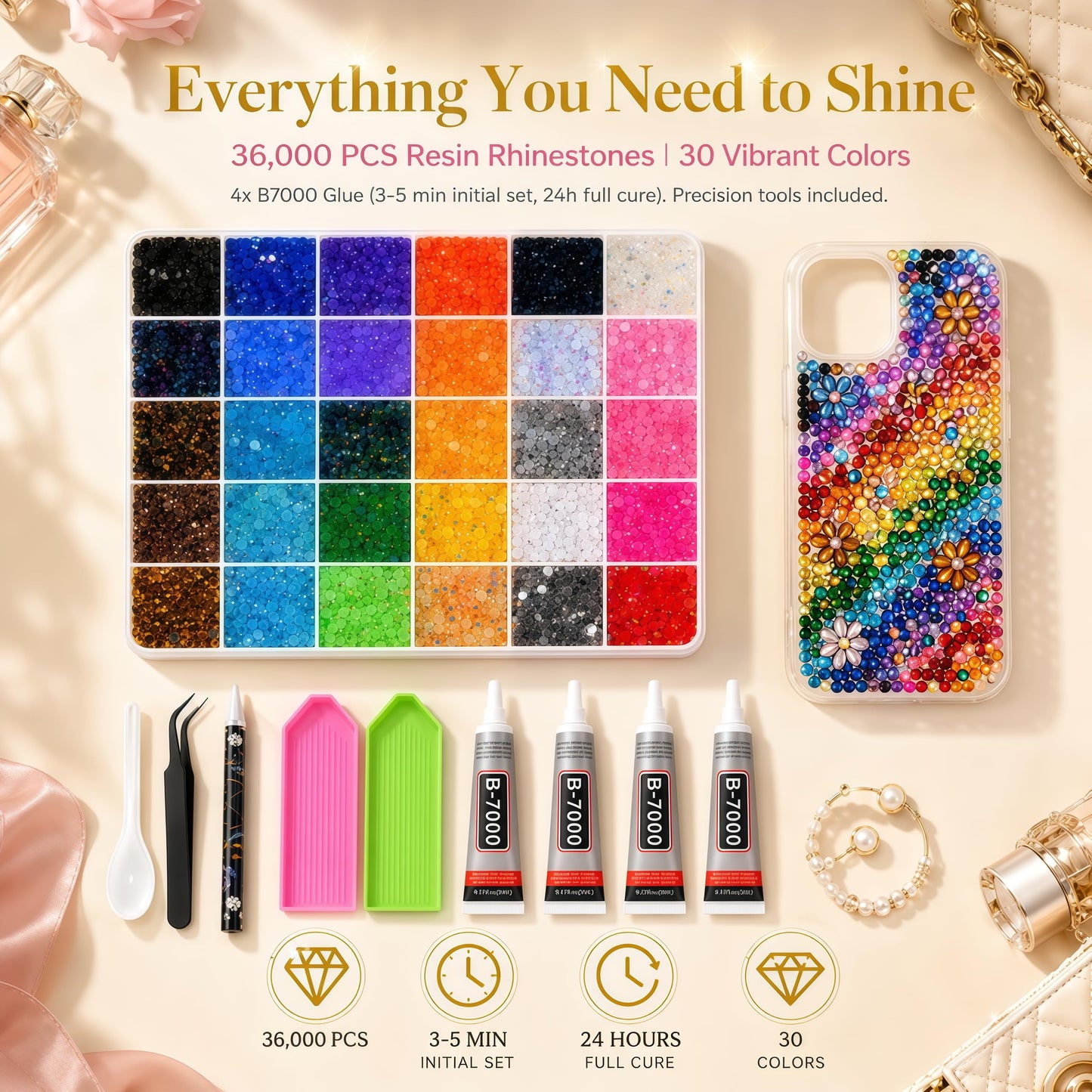 AMZGO 36000Pcs Rhinestones Bedazzling Kit, 30 Colors 3mm Flatback Resin Bedazzler Gems with 4Pcs 10ml B7000 Jewelry Glue for Bedazzled Thing Diamond Art Book Crafting Nail Kit