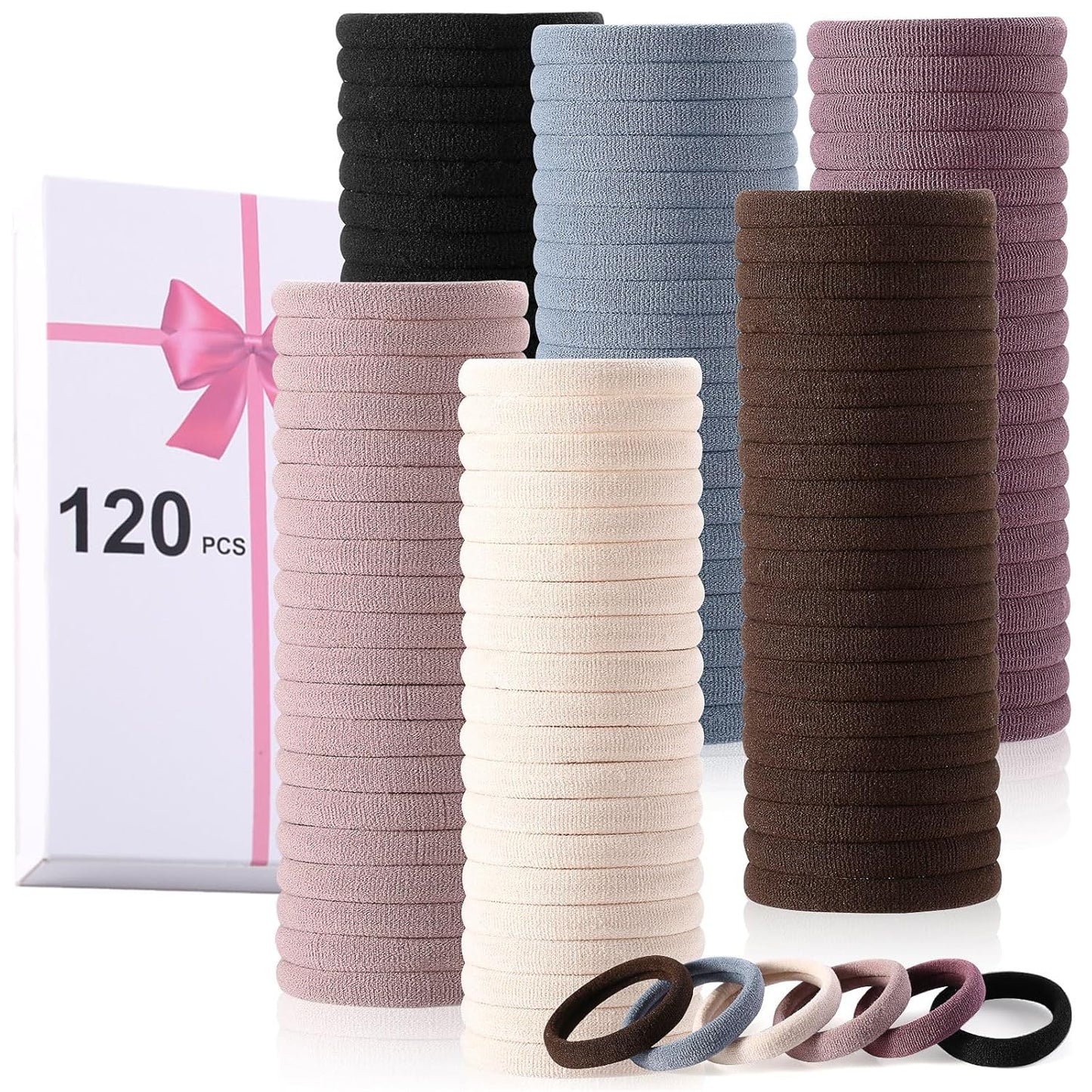LuSeren 120PCS Soft Hair Ties - Ouchless Nylon Ponytail Holders | Seamless Fabric, Natural Colors