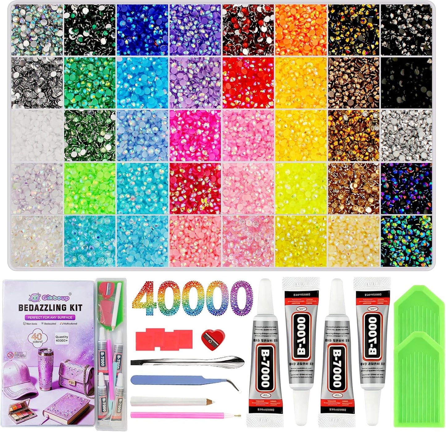 Bedazzling Rhinestone Kit - 40 Colors, 40000 Pcs 3mm Flatback Gems | Complete Craft Set with Glue, Storage Box & Tools