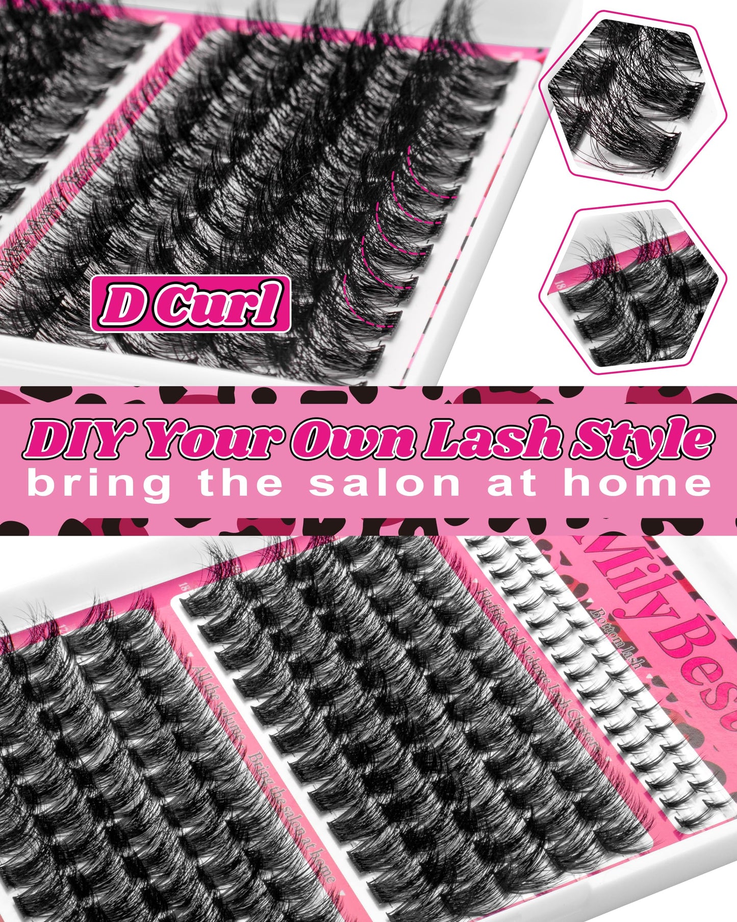 MilyBest Fable Lash Clusters Kit Volume Fluffy Eyelash Clusters with Bottom Lashes 10-18mm Individual Lashes Clusters Manga Lash Extension Kit Waterproof Bond and Seal Thick Full D-Curly Eyelashes