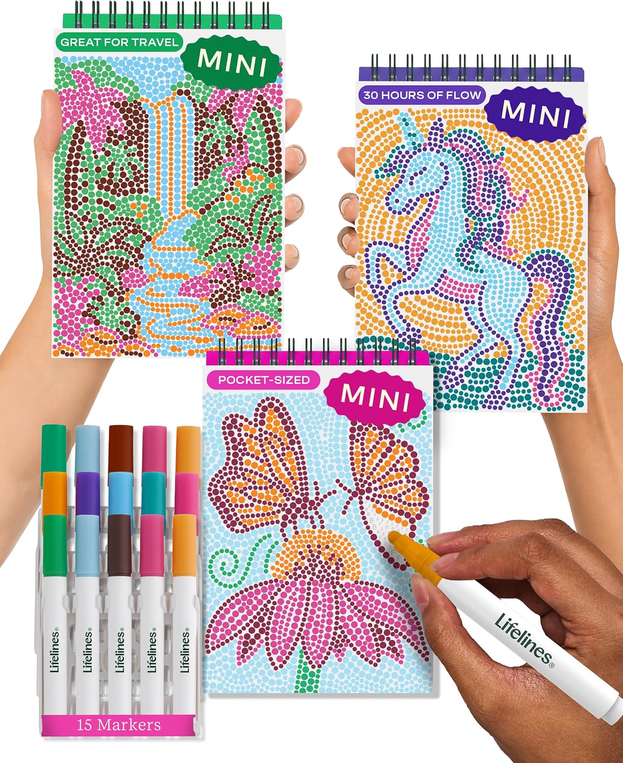 FlowArt Mini Activity Pads - Guided Dot-by-Letter Art Meditations | 3-Pack with 15 Markers & 60 Scenes for All Ages