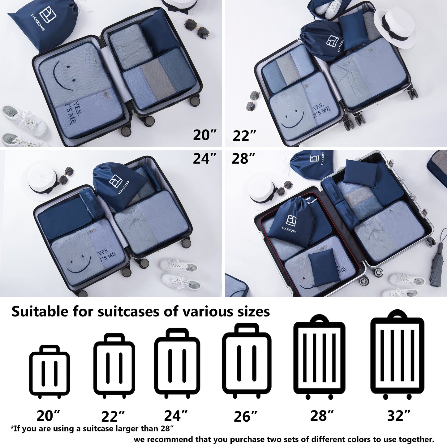 Tianzong 7-piece Set Packing Cubes, Travel Bags for Luggage, Packing Organizers with Shoe Bag (Navy Blue)