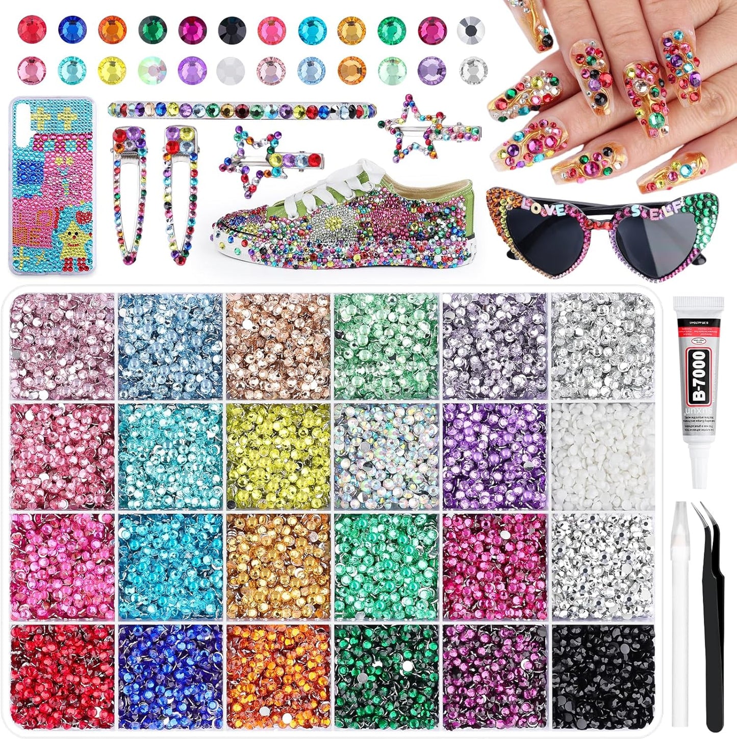 3mm Resin Rhinestones - 24000 Pcs Flatback Gems for Crafting | Pink, Red, Black Colors & Bedazzler Kit with Tools & B7000 Glue