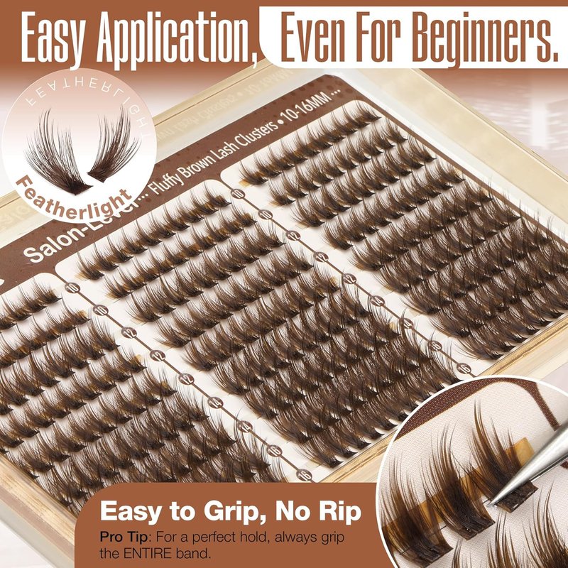 Brown Lash Clusters - Wispy Fluffy Individual Eyelash Extensions | Dark Brown Featherlight Lashes, CC Curl, 270PCS (10-12-14-16MM)