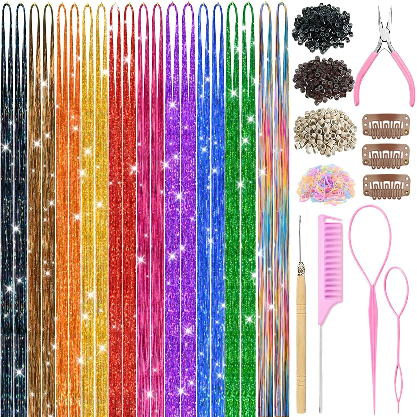Hair Tinsel Kit - 18 Colors Holographic Hair Extensions | Heat Resistant Fairy Tinsel for Festivals & Parties