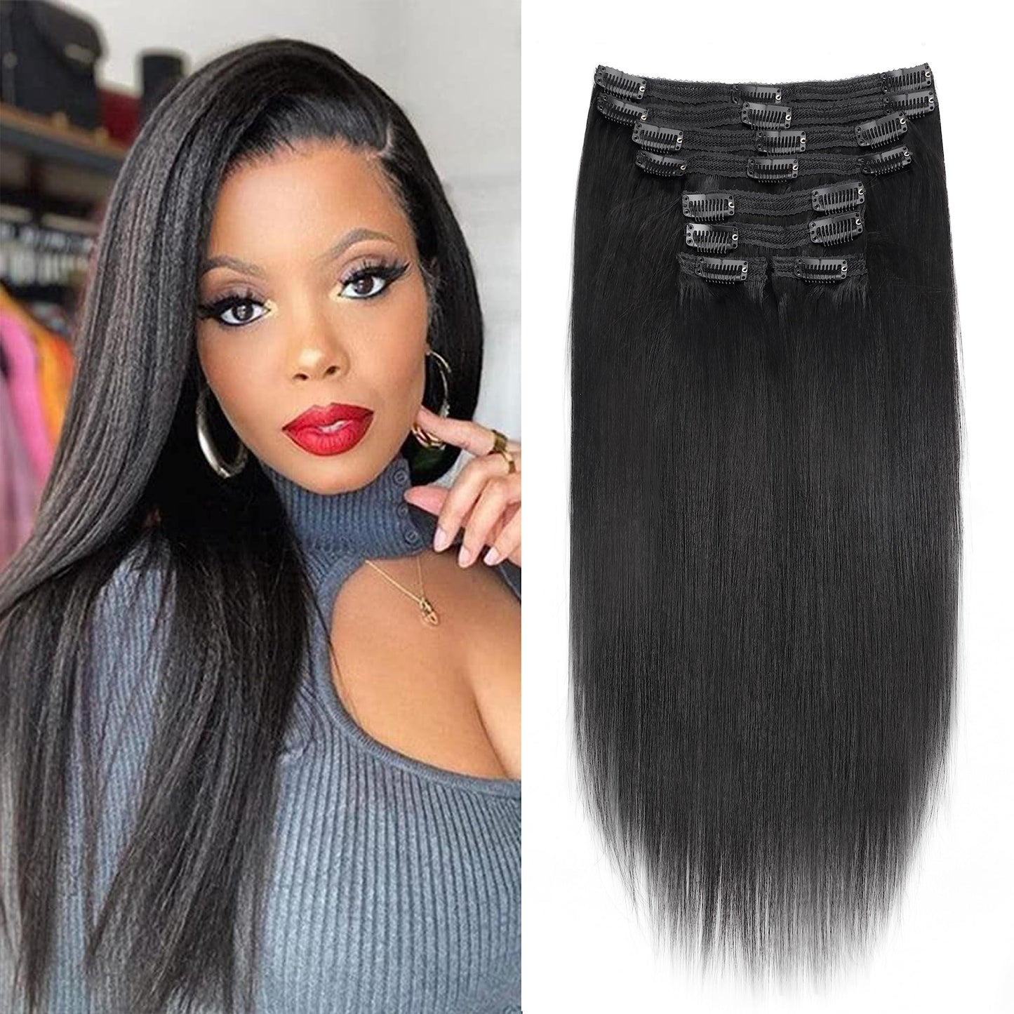 Mihugass 20 Inch Yaki-Straight Clip ins Real Human Hair Affordable Yaki Straight Clip in Human Hair Extensions Brazilian Virgin Hair clip on Hair Extensions Natural Color Daily Wear 8Pcs 120g