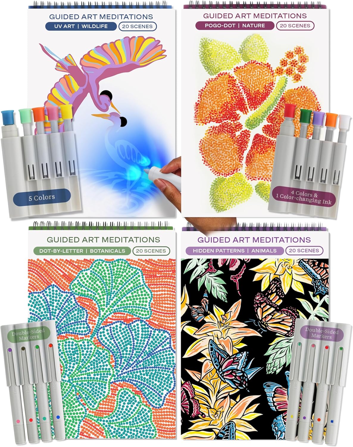 FlowArt Mini Activity Pads - Guided Dot-by-Letter Art Meditations | 3-Pack with 15 Markers & 60 Scenes for All Ages