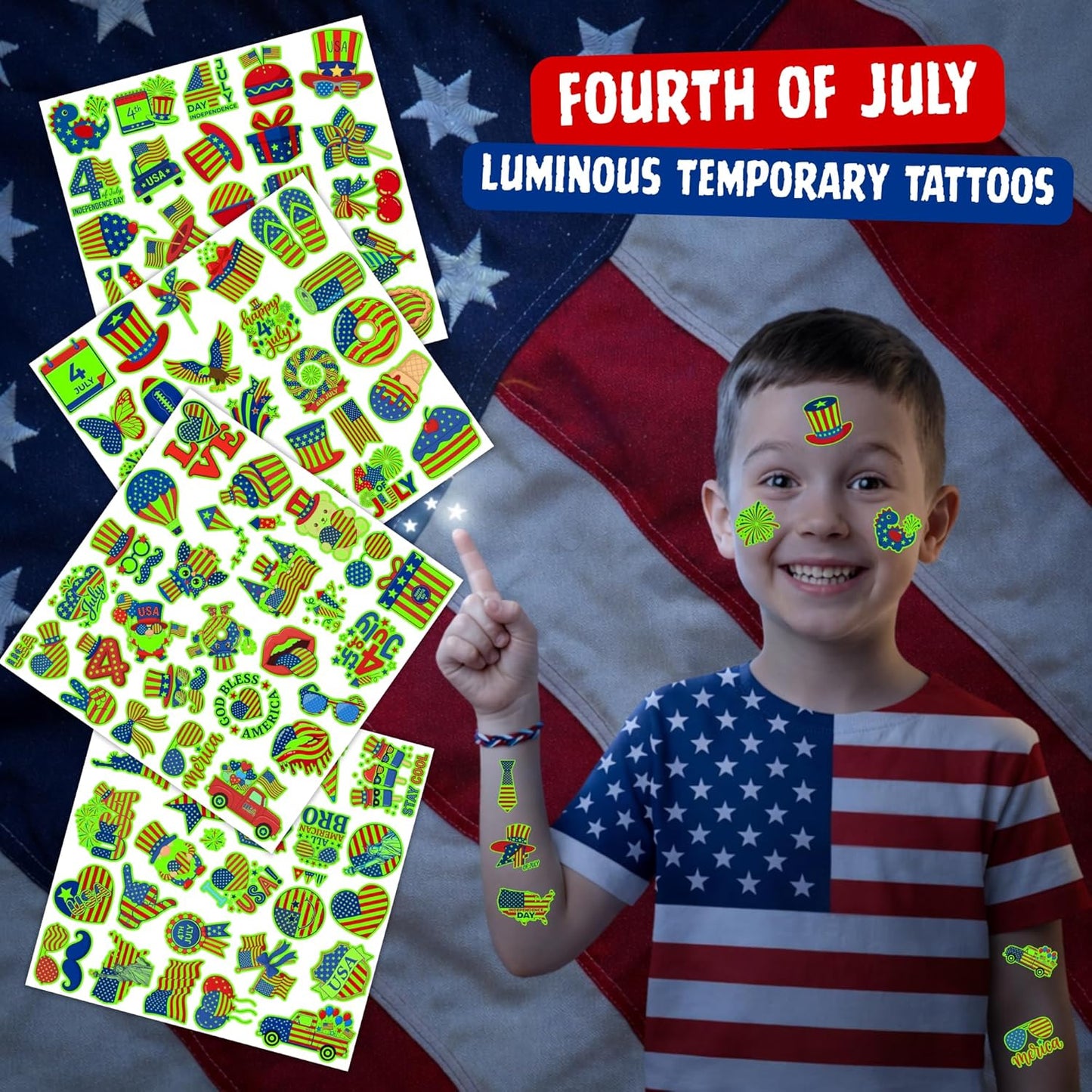 105PCS 4th of July Temporary Tattoos | Patriotic USA Flag Stickers for Kids & Adults - Red, White & Blue Party Favors