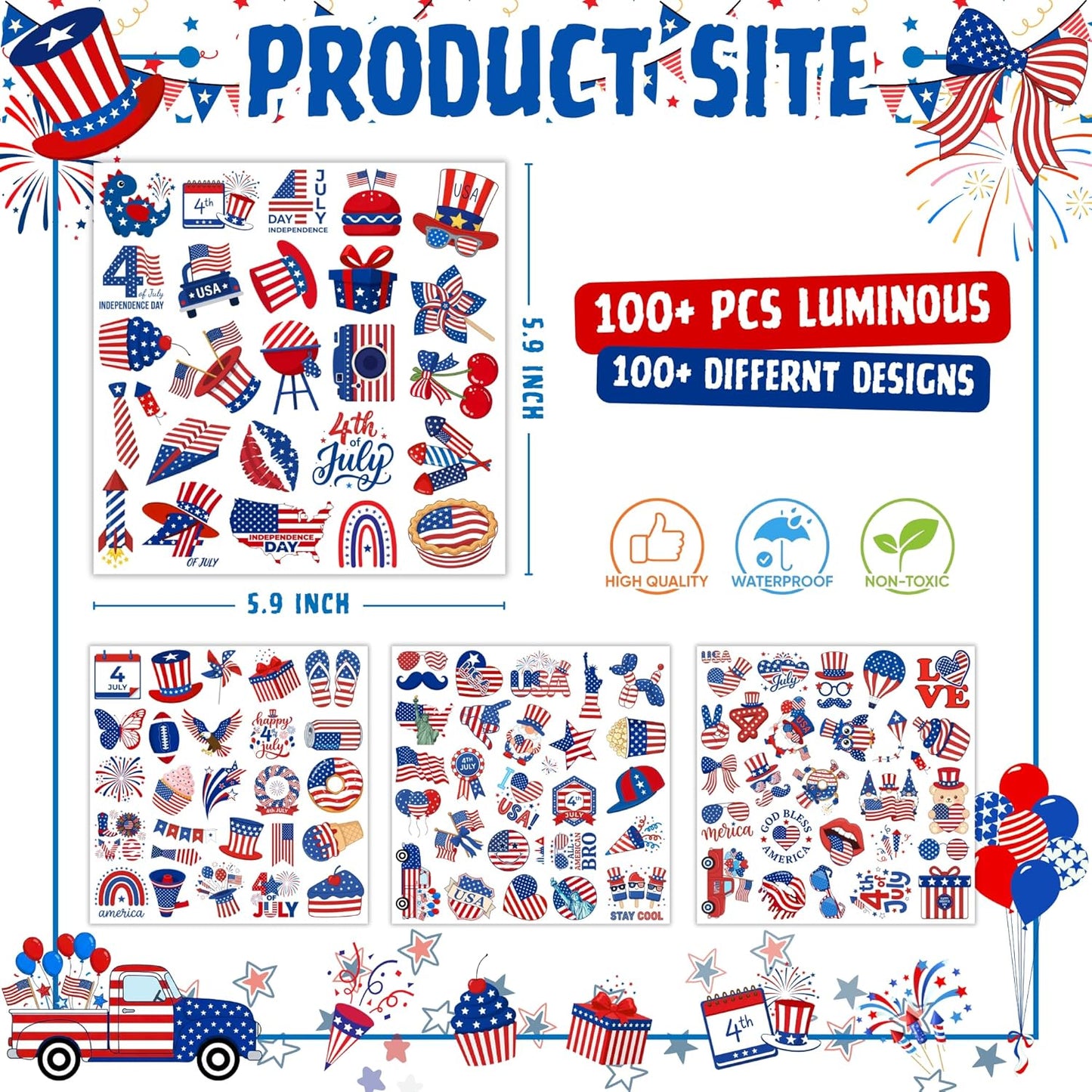 105PCS 4th of July Temporary Tattoos | Patriotic USA Flag Stickers for Kids & Adults - Red, White & Blue Party Favors