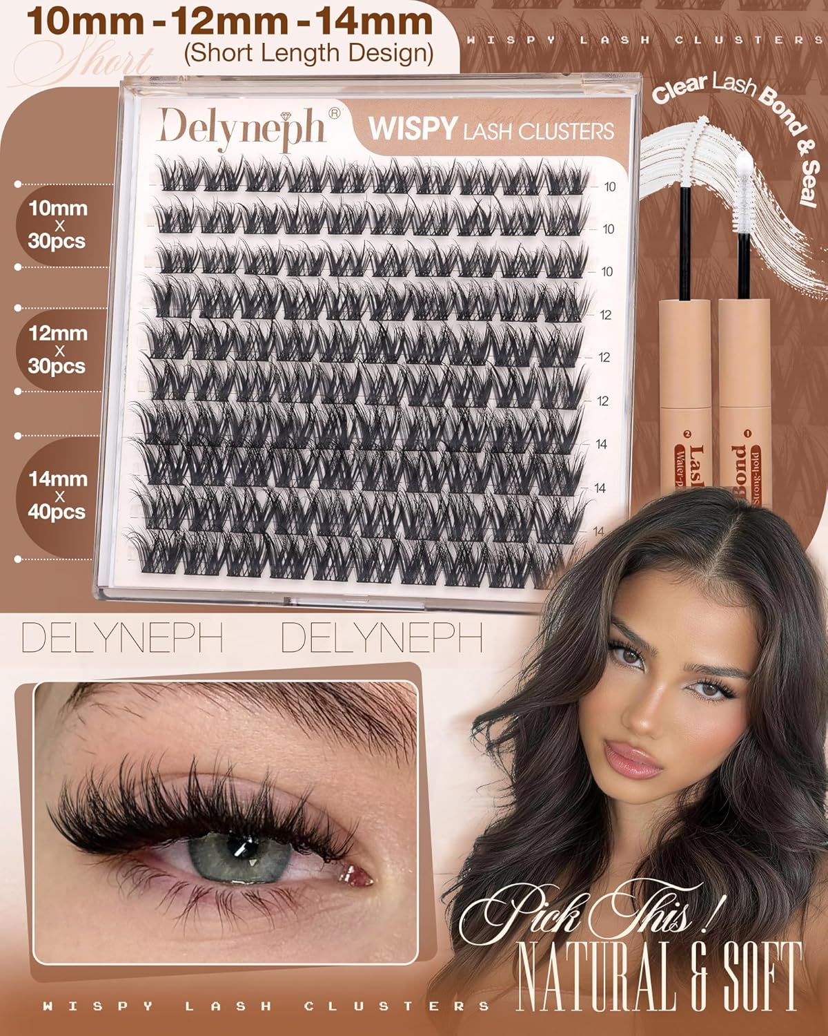 Natural Fluffy Eyelash Clusters Kit - Wispy D Curl Extensions 10mm, 12mm, 14mm