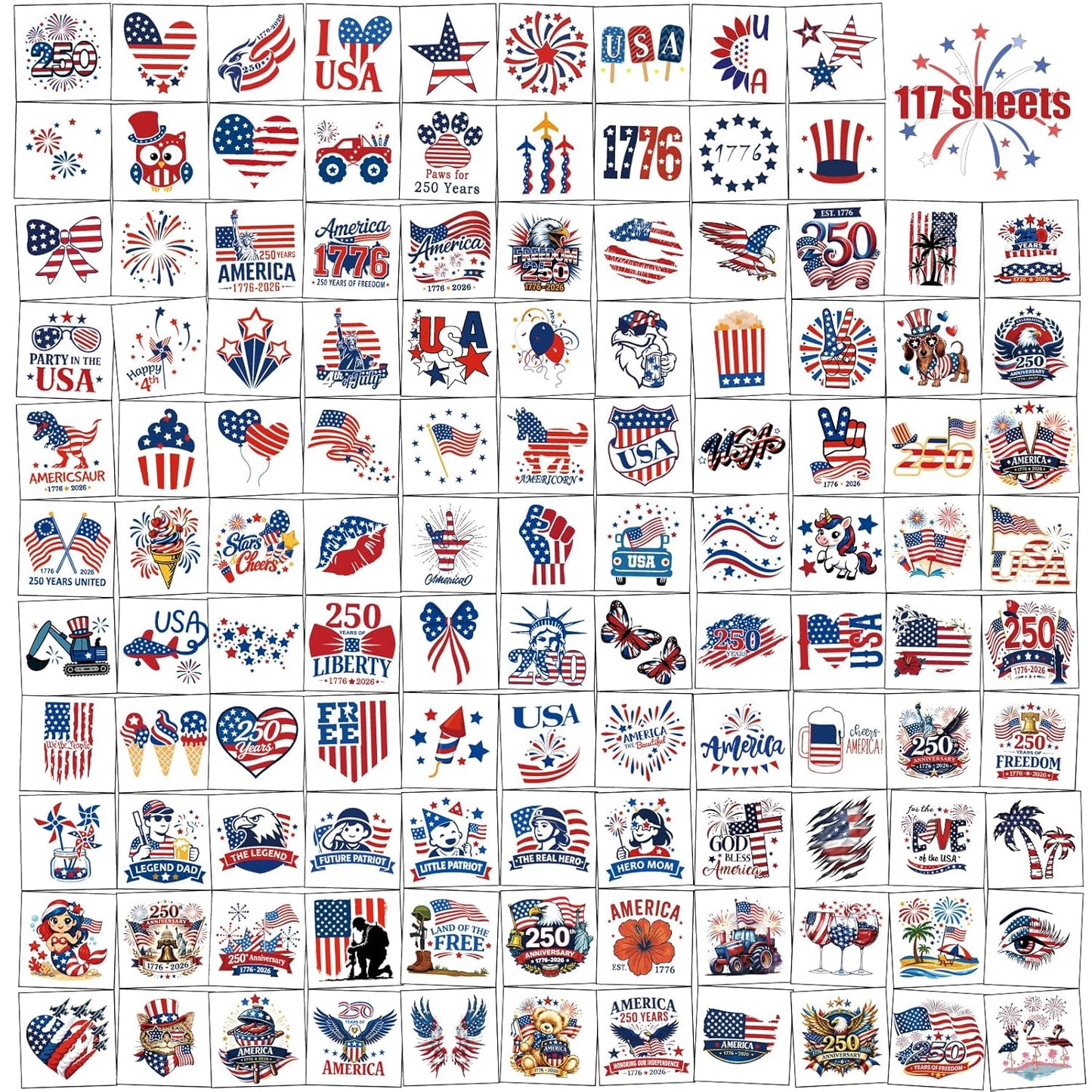 117PCS Temporary Tattoos for 250th Anniversary | Patriotic 4th of July Designs for Kids & Adults