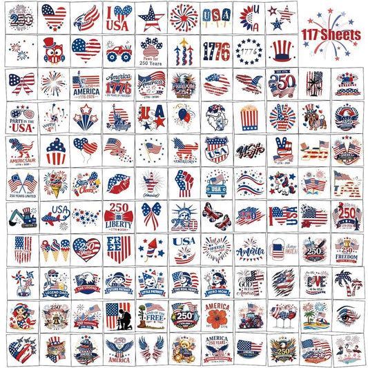 117PCS Temporary Tattoos for 250th Anniversary | Patriotic 4th of July Designs for Kids & Adults