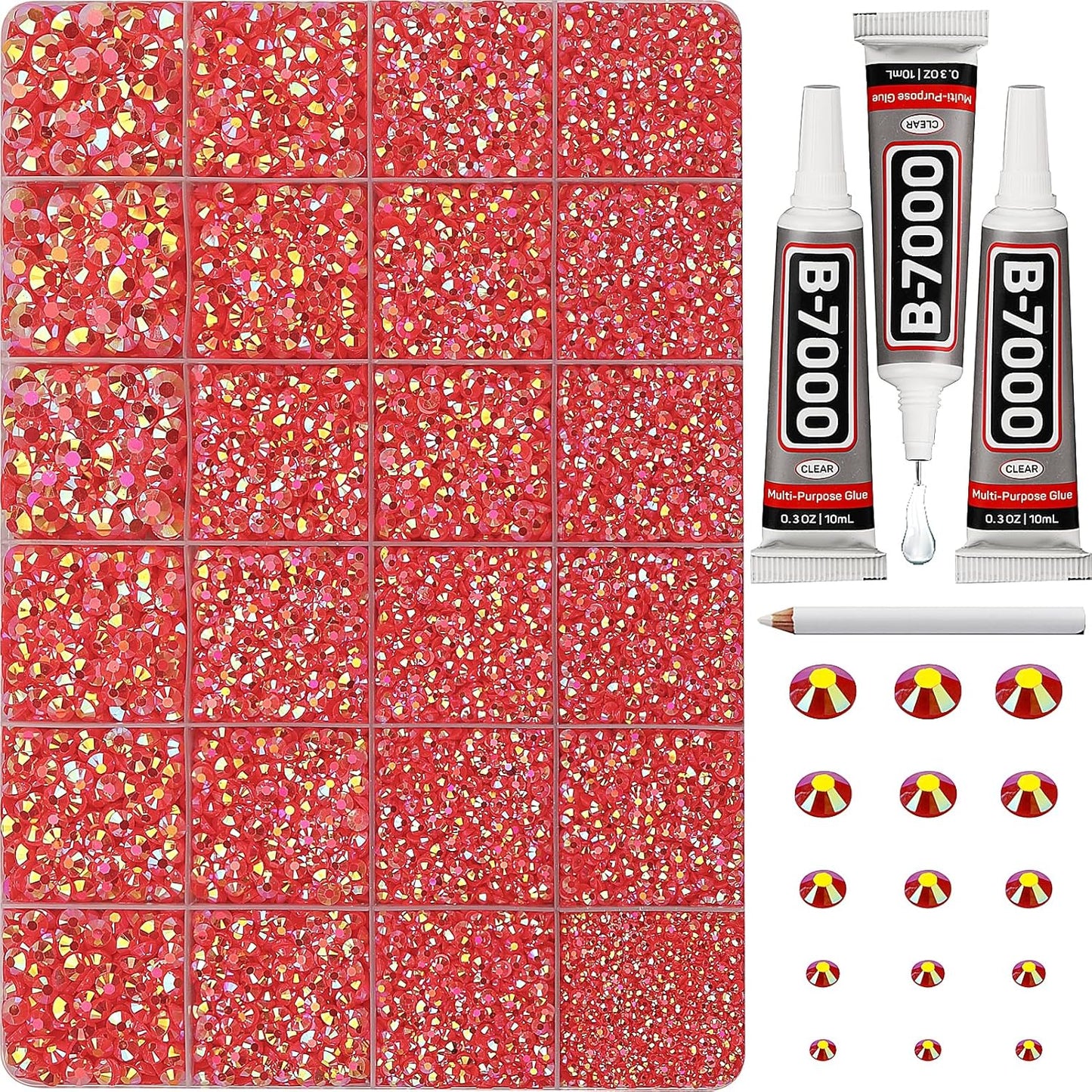 Red Rhinestones Bedazzler Kit - 6500 Pcs Flatback Crystals & B7000 Glue | 2-6mm Resin Gems for Crafts, Clothes, Shoes, Nails