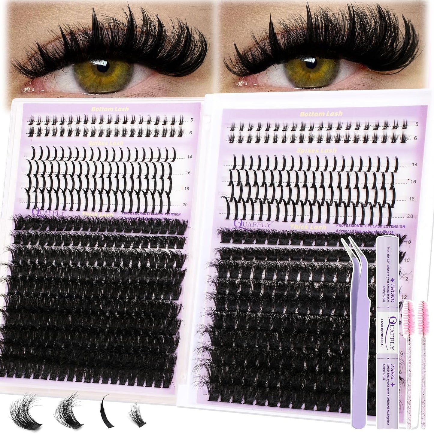 DIY Lash Extension Kit - 100D & 150D Volume Lash Clusters with Spikes | Wispy Bottom Lashes, Bond & Seal, Easy Application