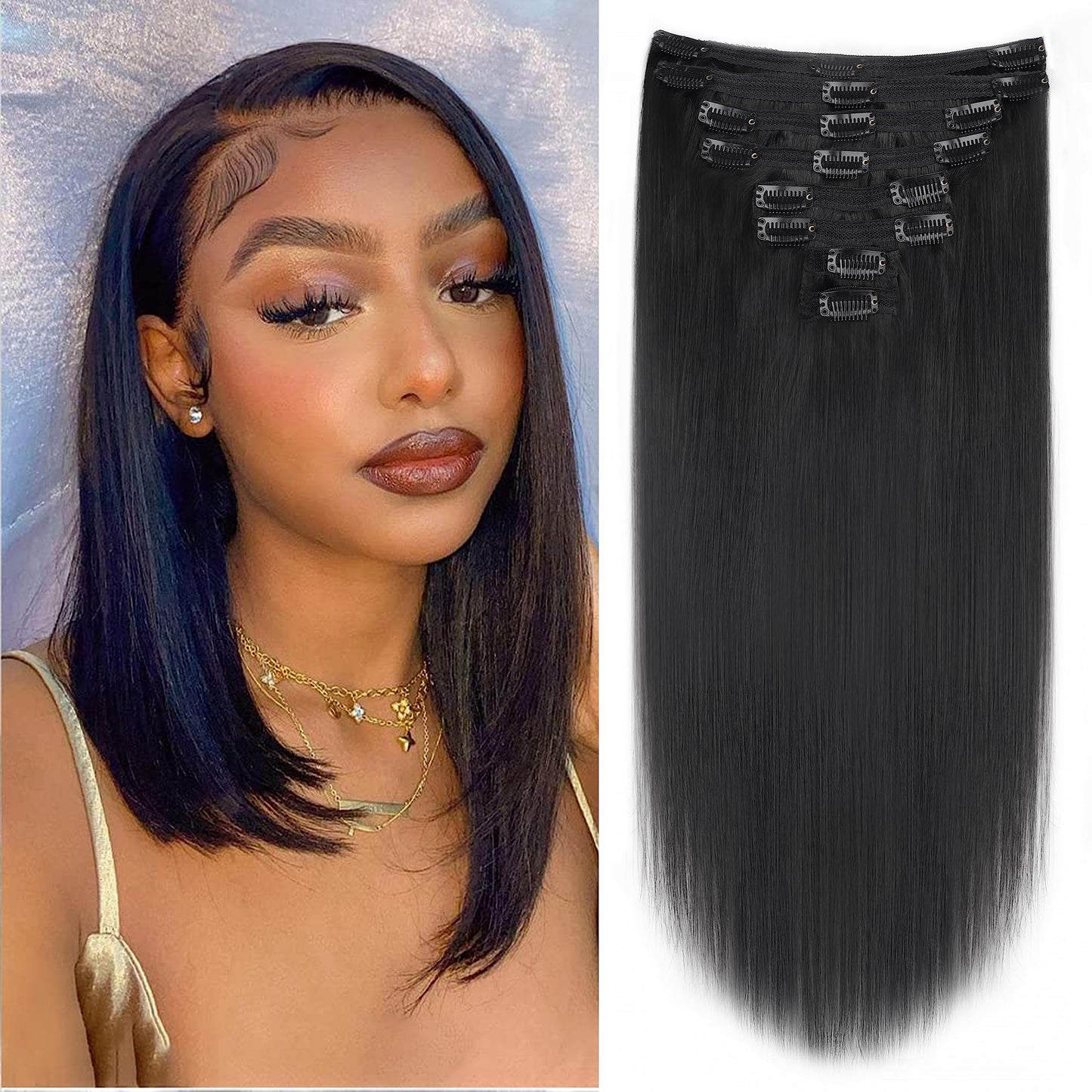 14 Inch Straight Clip ins For Women 100% Unprocessed Brazilian Virgin Hair Wear and Go Straight Clip in Hair Extensions Affrodable Clip on Hair 8pcs With 18 Clips 120g Natural Color