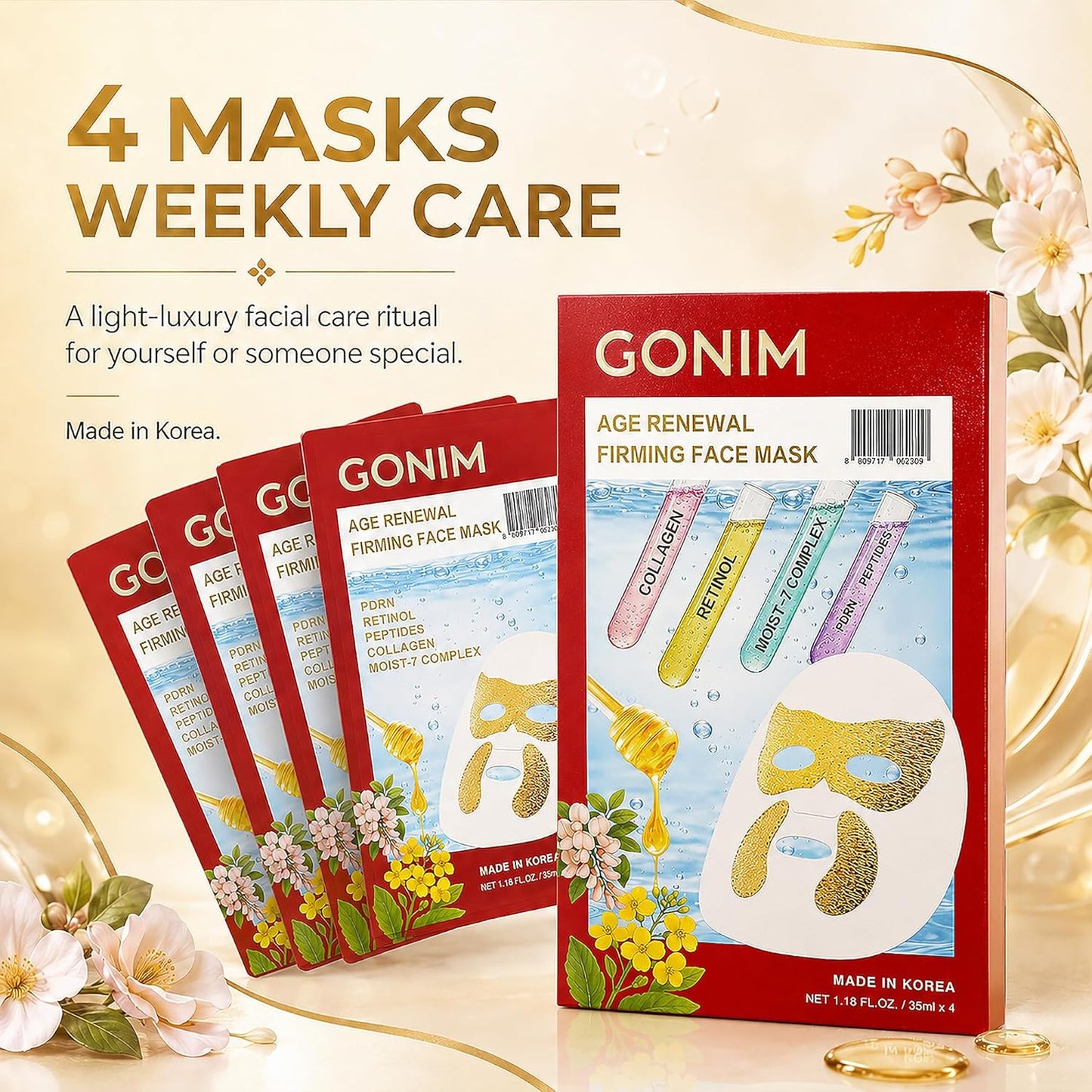 Korean Face Mask - Hydrating Sheet Mask with Retinol & Collagen | 4pcs for Dry Skin & Fine Lines