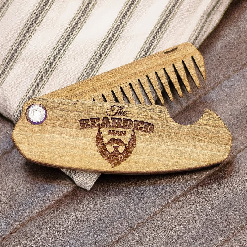 Beard Comb Personalized Gifts Anniversary Gift Wooden Brush Custom Comb Groomsmen Gift Hair Brush Pocket Brush Birthday Gift for Boyfriend (Walnut, The Bearded Man)