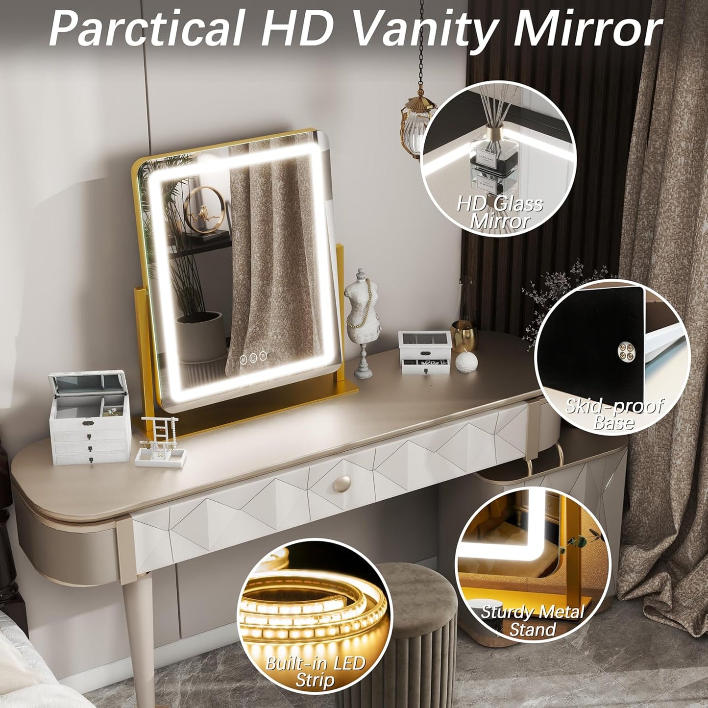 FENNIO 22-Inch LED Lighted Makeup Mirror - Dimmable Touch Screen with 3-Color Lighting | Gold Finish
