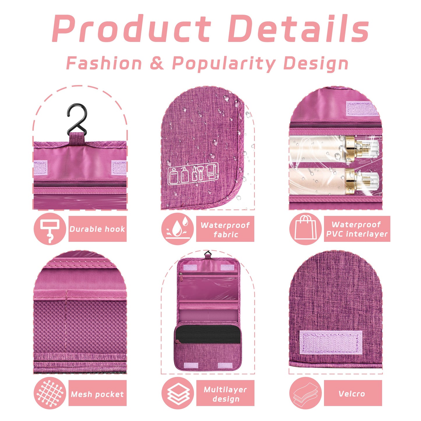 YEMEDA Toiletry Bag Travel Bag with Hanging Hook, Waterproof Capacity Hanging Multifunctional Makeup Bag for Toiletries, Portable Cosmetic Bag Travel Organizer for Women and Men(Purple)