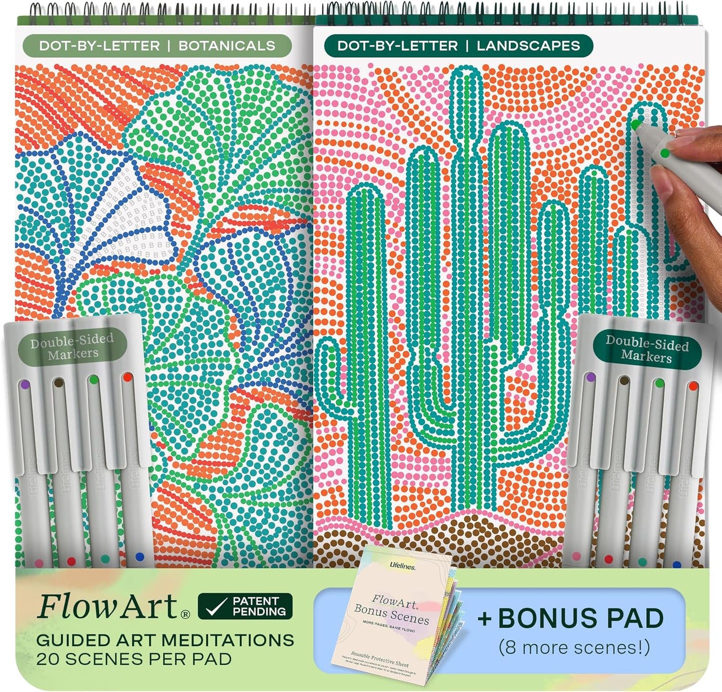 FlowArt Mini Activity Pads - Guided Dot-by-Letter Art Meditations | 3-Pack with 15 Markers & 60 Scenes for All Ages