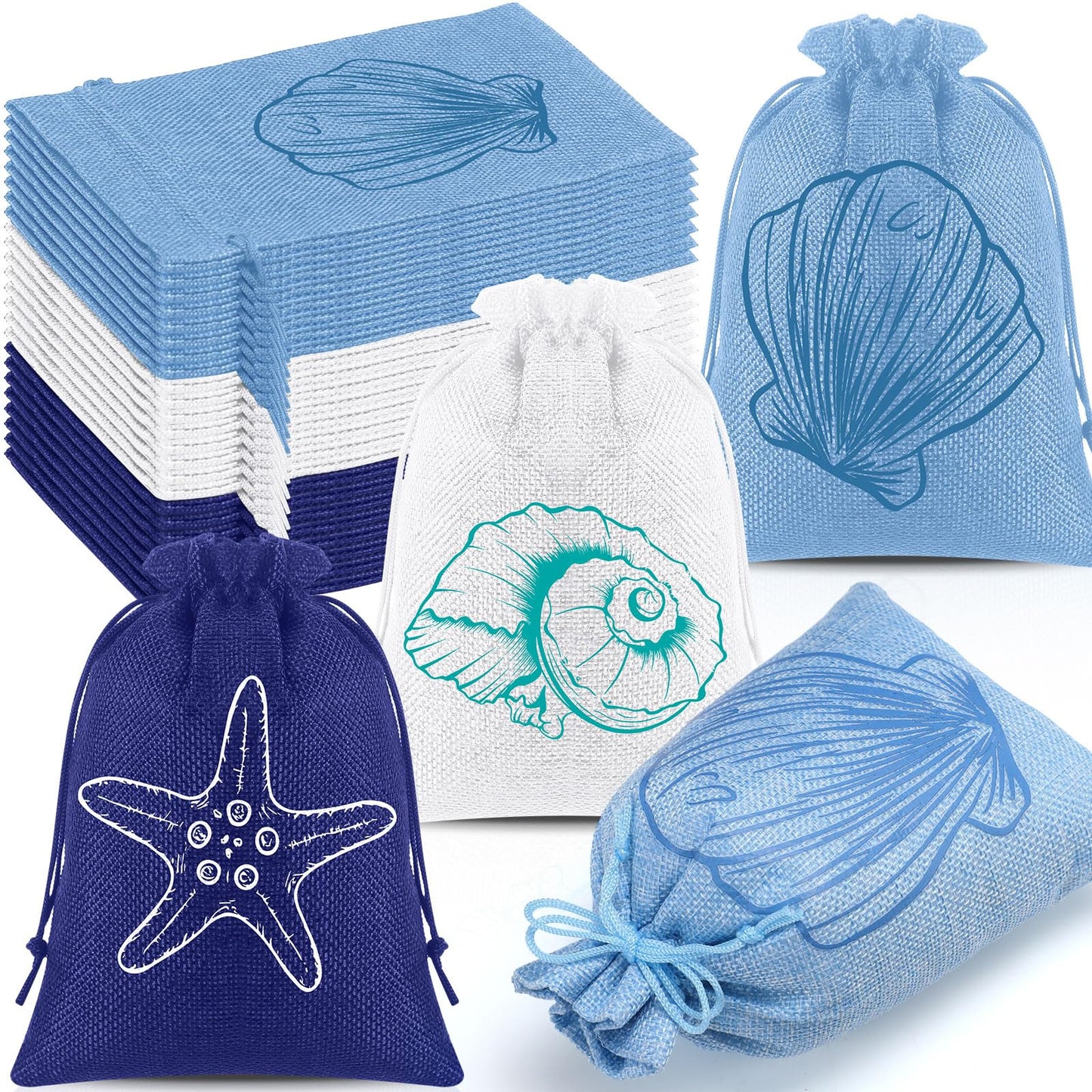 Abbylike 24 Pcs Blue Beach Seashell Burlap Gift Bags Bulk 5 x 7 Inch Starfish Conch Scallop Party Favors Coastal Reusable Drawstring Goodie Bags for Ocean Under The Sea Wedding Party Decor Supplies