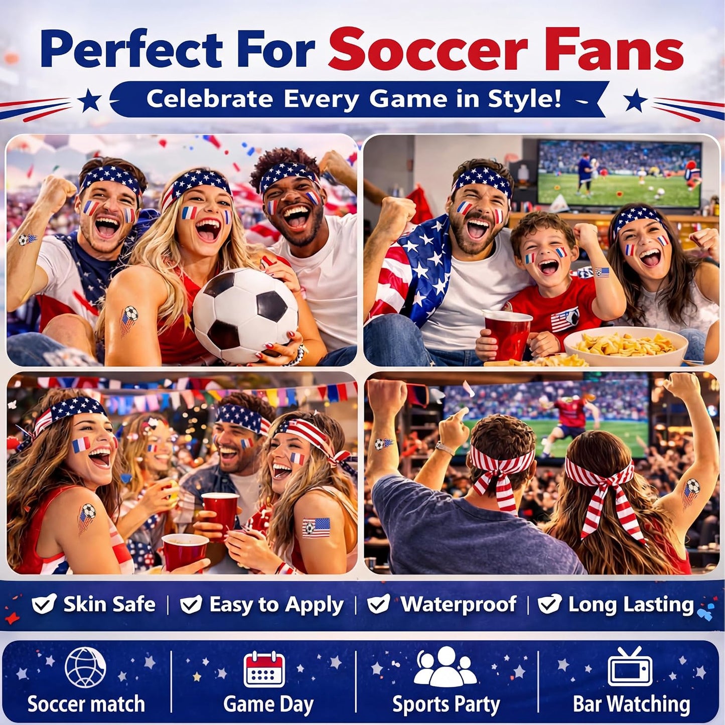 Soccer Fan Accessories Kit - Headband, Face Paint, 10 Temporary Tattoos & Game Day Essentials