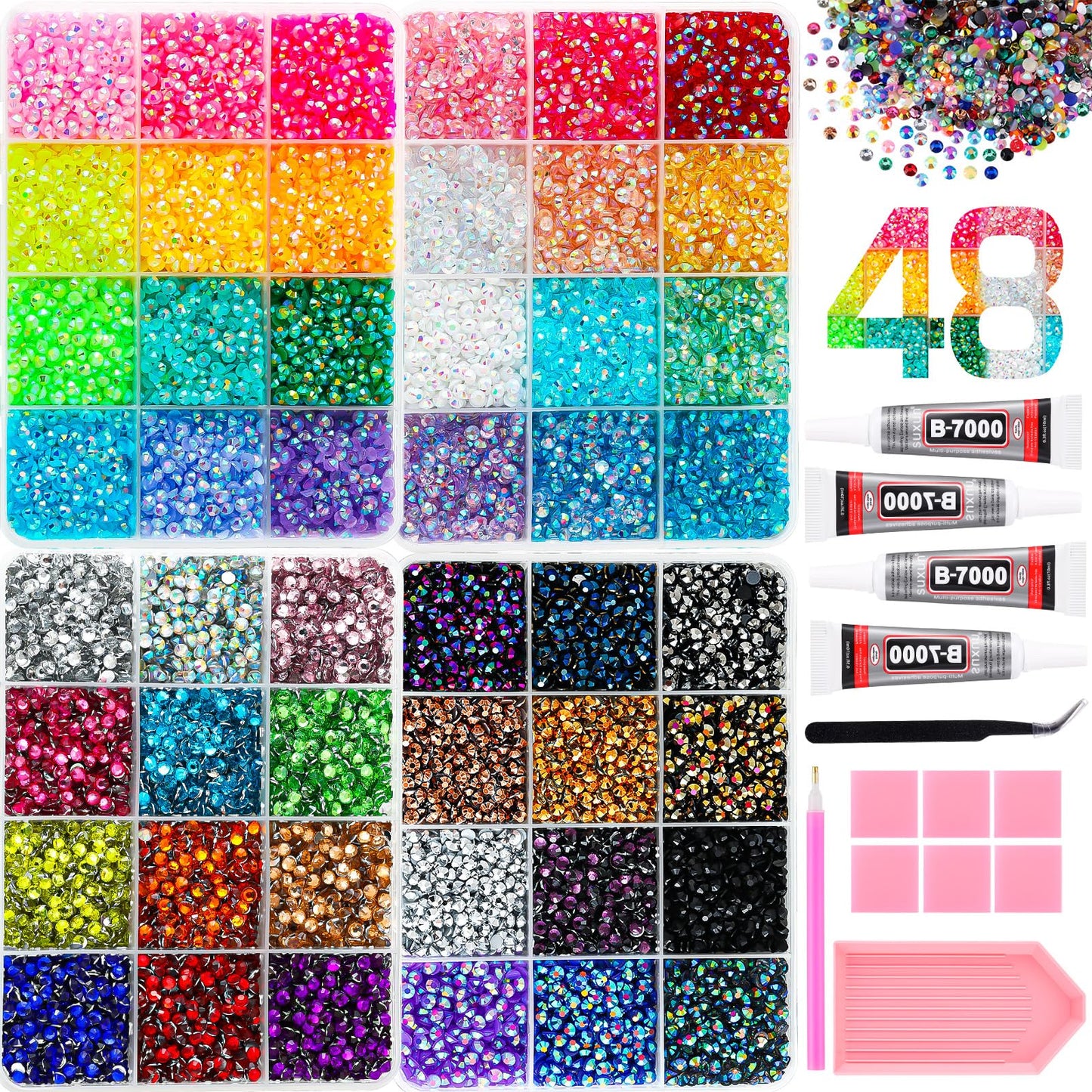 UWETIME 32000Pcs Resin Flatback Rhinestones for Bedazzling Kit with 4 Pcs B7000 Glue 3mm Multicolor Bedazzler Kit with Rhinestones and Tools DIY Bedazzling Gems for Crafting Clothing Shoes Cups