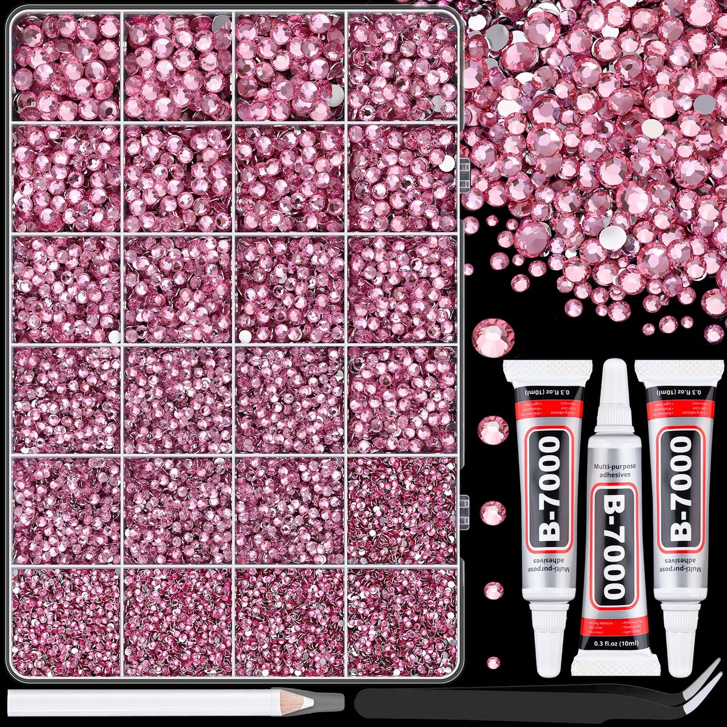 Resin Rhinestones - 32000 Pcs Flatback Gems for Bedazzling | Silver Clear Crystal Kit with 3 Pcs B7000 Glue for Nail Art & Crafts