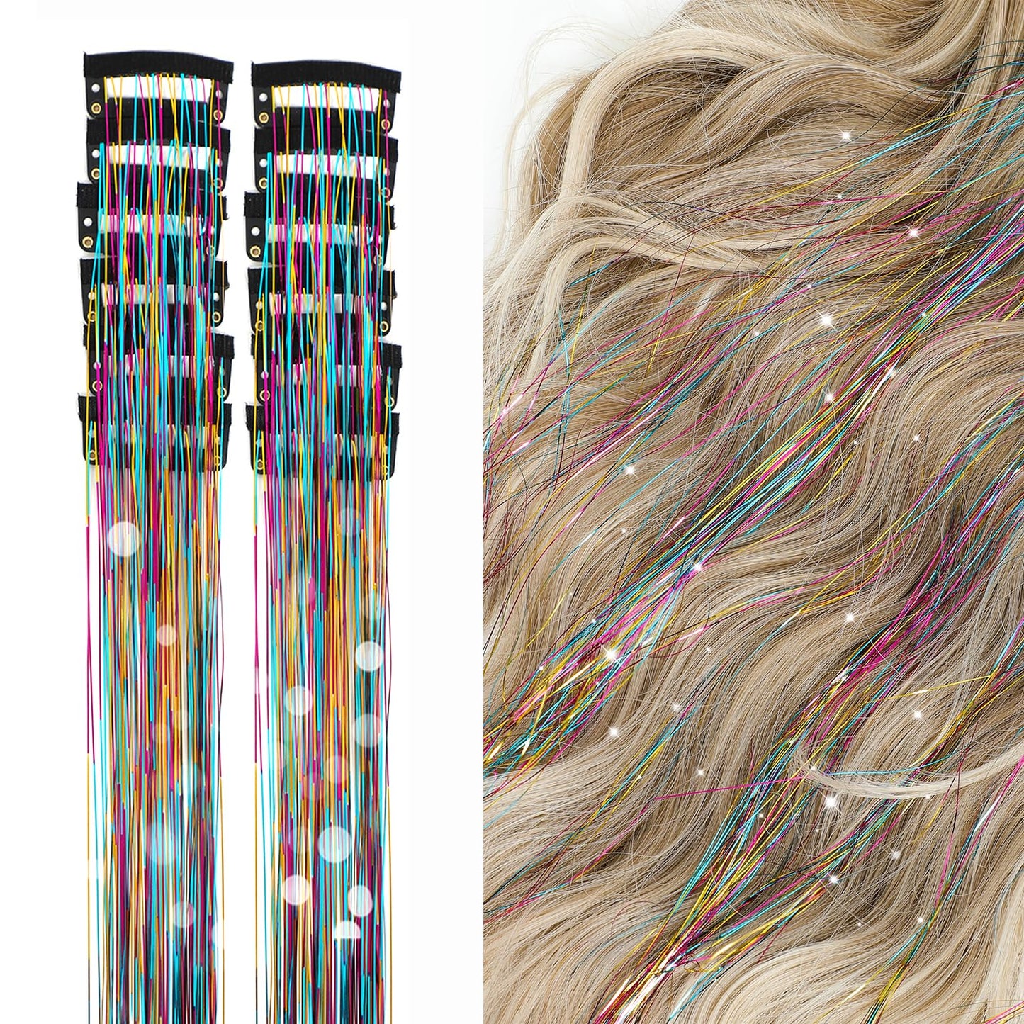 12Pcs Hair Tinsel Clip in Glitter Tinsel Hair Extensions 19.6Inch Clip in Hair Tinsel Kit Heat Resistant Shiny Sparkly Fairy Hair Accessories for Women Girls (Rainbow)