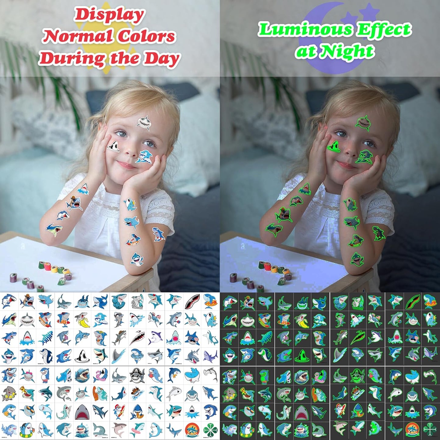 Glow In The Dark Shark Temporary Tattoos - 96 PCS Ocean Animal Party Decor | Fun Kids' Gifts & Rewards