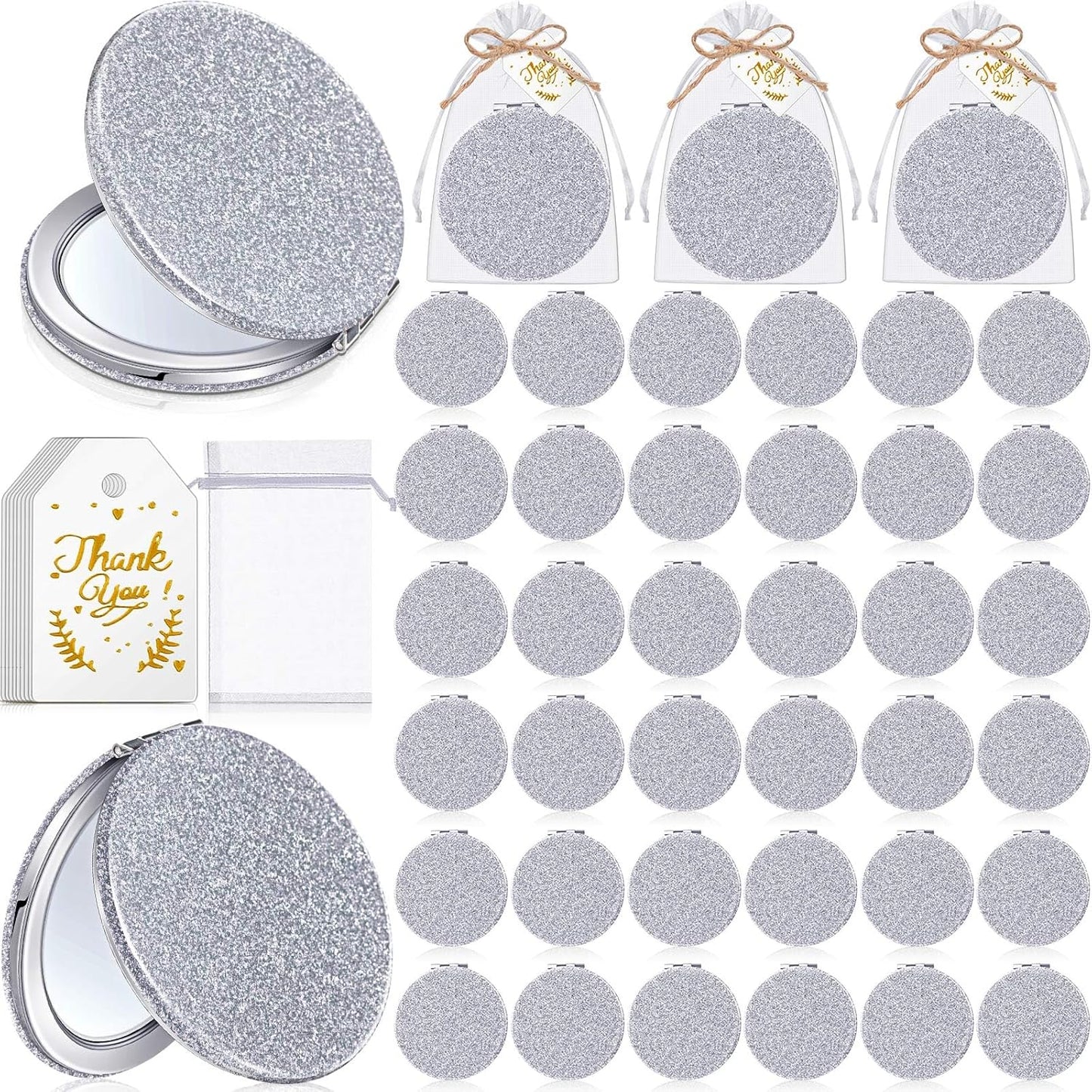 Compact Magnifying Mirrors - 30 Sets with Thank You Cards | Quinceanera Party Favors, Bridal Shower Gifts, Silver