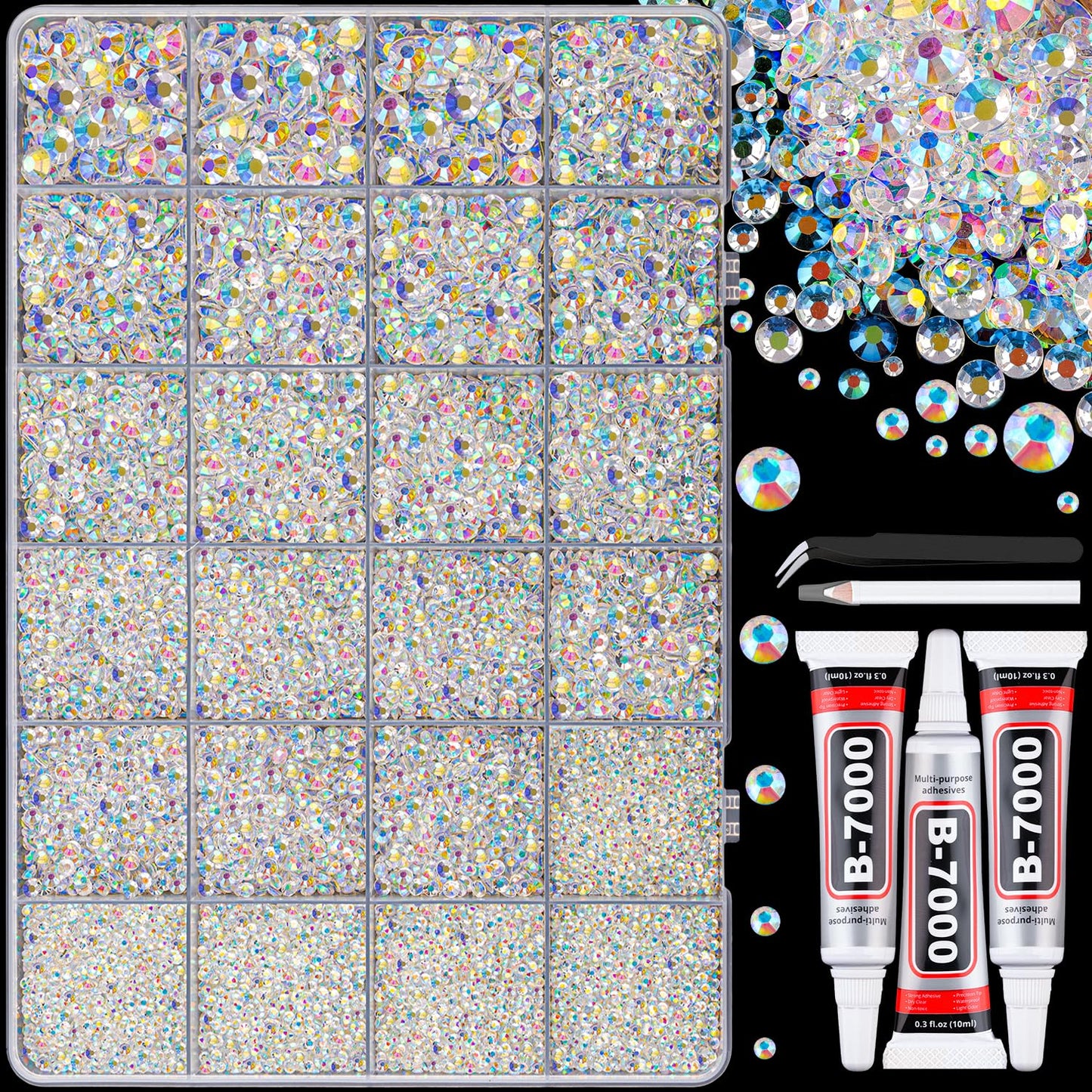 32000 Pcs Black Rhinestones - Flatback Resin Gems for Bedazzling | Jewelry Glue & Tweezers Included