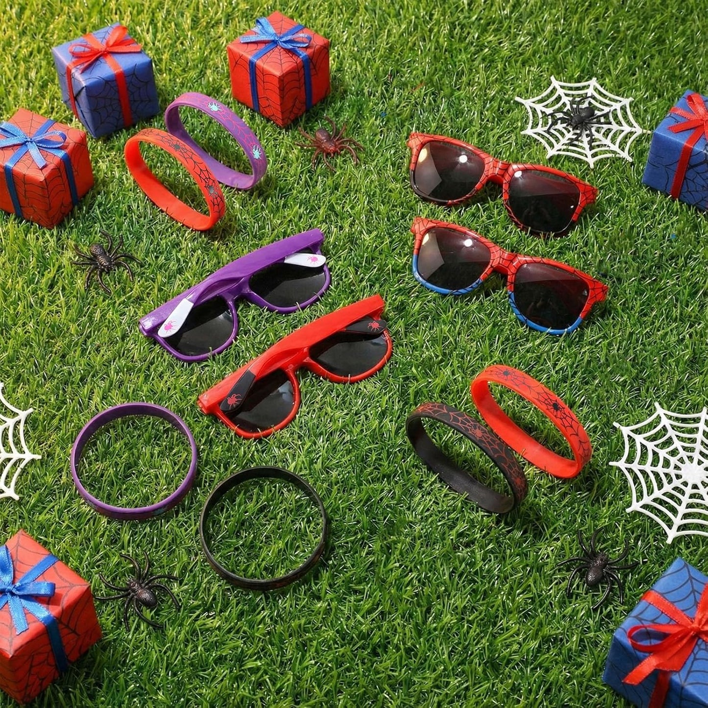 Spider Web Sunglasses - 24 Pcs Silicone Wristbands for Spider Birthday Party | Black, Red, Blue