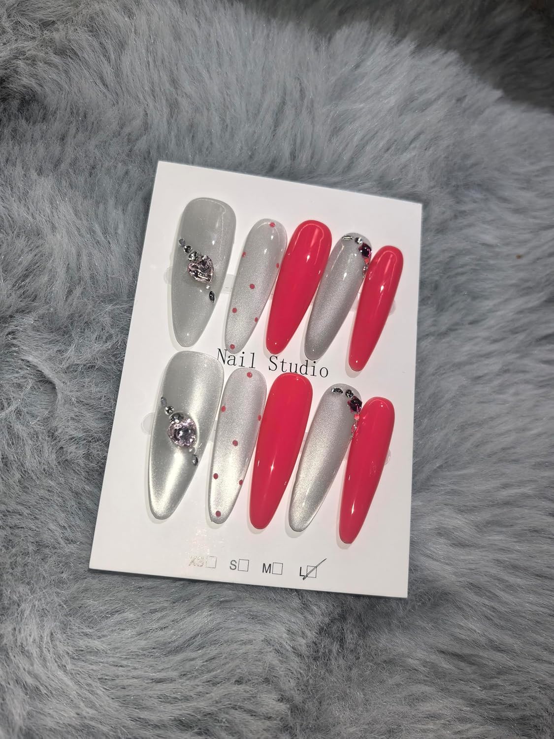 Glam Silver Coral Press On Nails - Heart Rhinestone Extra Long Stiletto Fake Nails | Reusable Manicure Set (L)