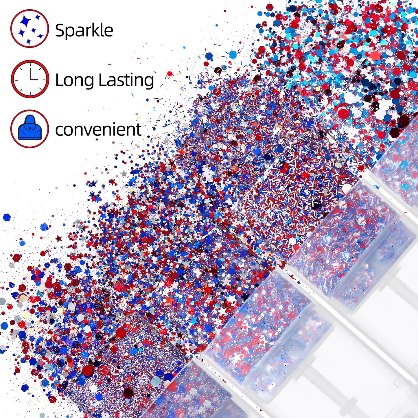4th of July Body Glitter Stick for Face, Body & Hair - Red White & Blue Chunky Glitter with Star Sequins, 2 Pack Patriotic Makeup for Watch Party, Festival, Rave, Concert & Stadium for Women 2 Pack