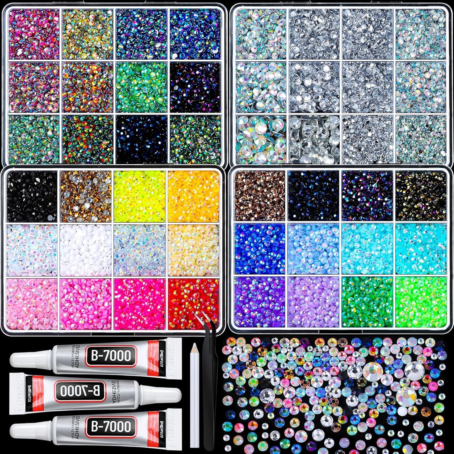 Bedazzling Rhinestone Kit - 25000PCS Multicolor AB 3mm Flat Back Gems for Crafts | Includes 3PCS Jewelry Glue