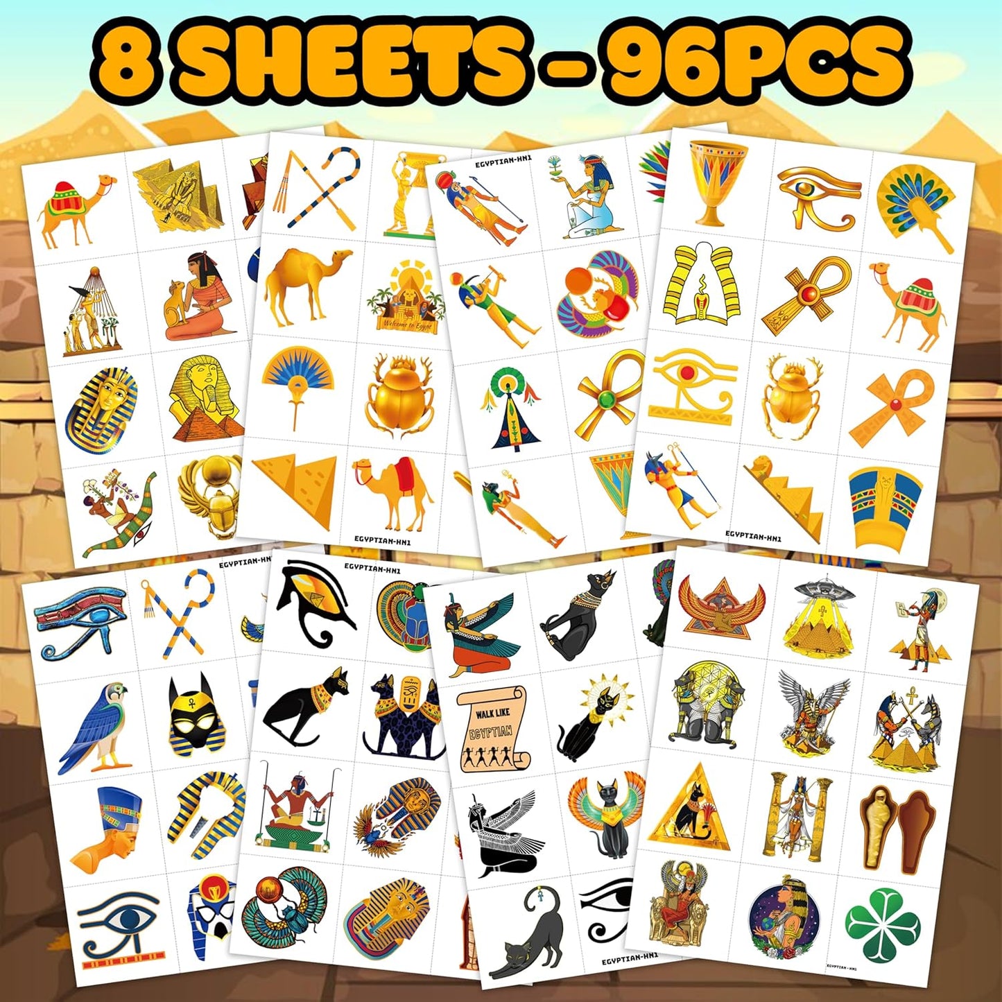 Ancient Egypt Temporary Tattoos - 96PCS Pre-Cut Pharaoh, Sphinx & Pyramid Designs | Perfect for Kids' Parties & School Projects