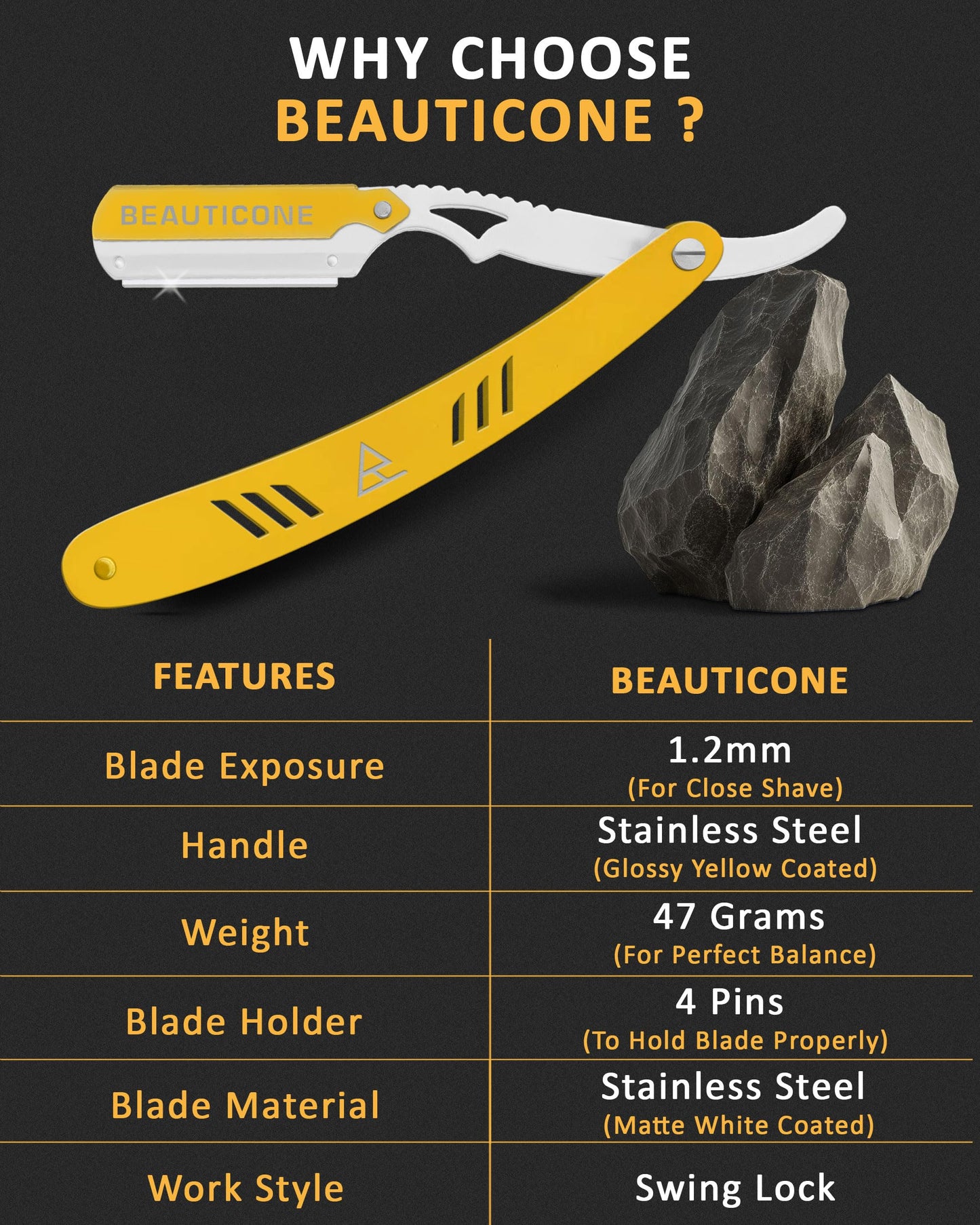 BEAUTICONE Straight Razors for Men, Straight Edge Razor, Single Edge Replacement Blades, Stainless Steel, Barber Razor for Men's Shaving, Barber Shaving Knife