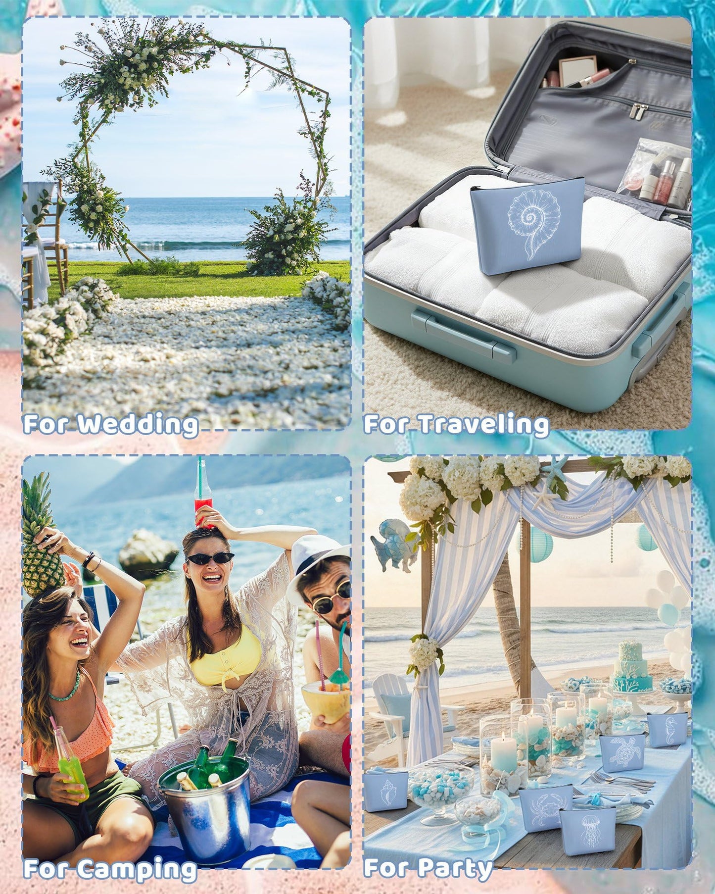 Bulyoou 10 Pcs Ocean Themed Blue Cosmetic Bags Bulk Zipper Pouch Makeup Bag for Women Girls Sea Weekend Travel Vacation Trip Gifts Supplies Nautical Party Favors Beach Accessories