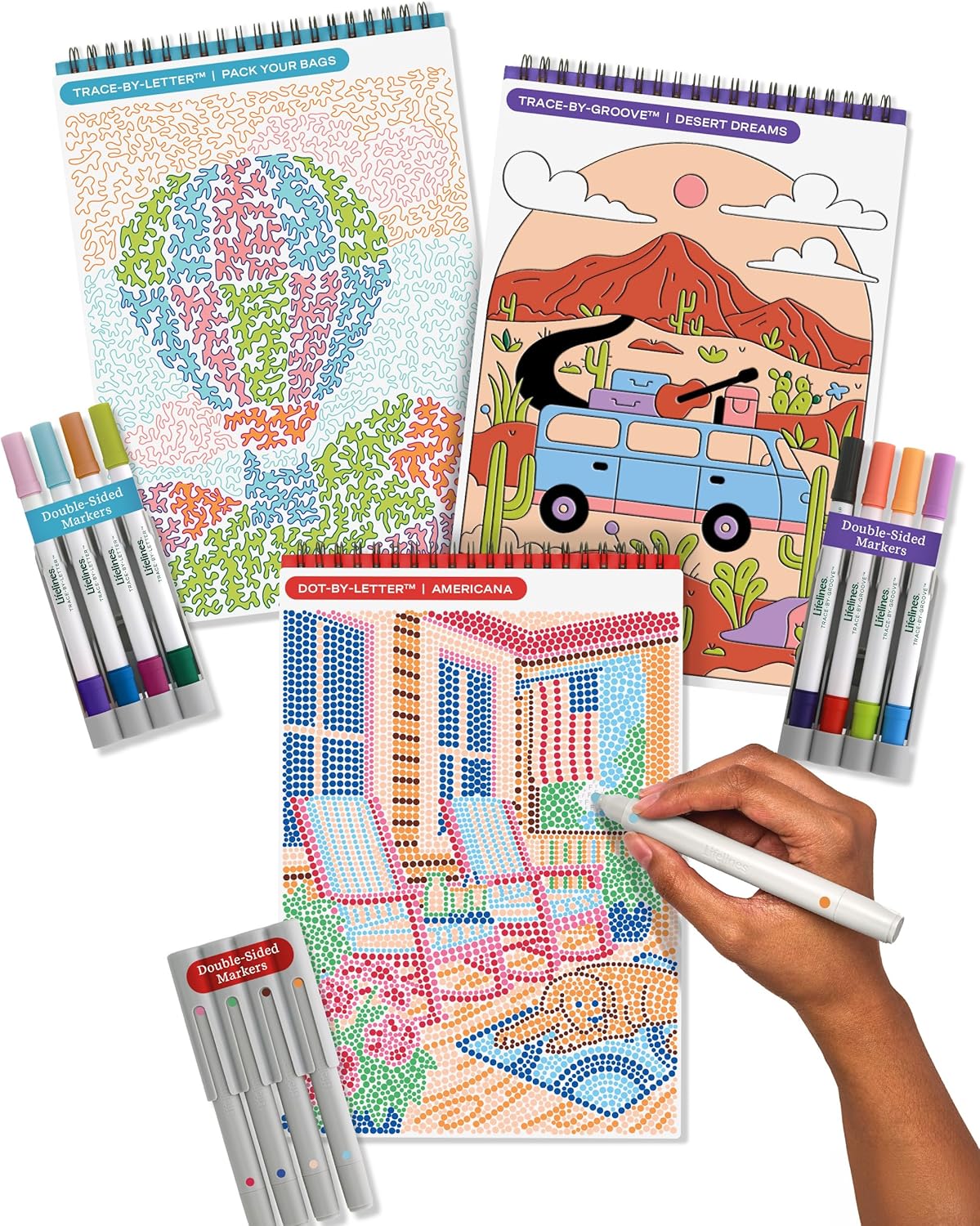 FlowArt Mini Activity Pads - Guided Dot-by-Letter Art Meditations | 3-Pack with 15 Markers & 60 Scenes for All Ages
