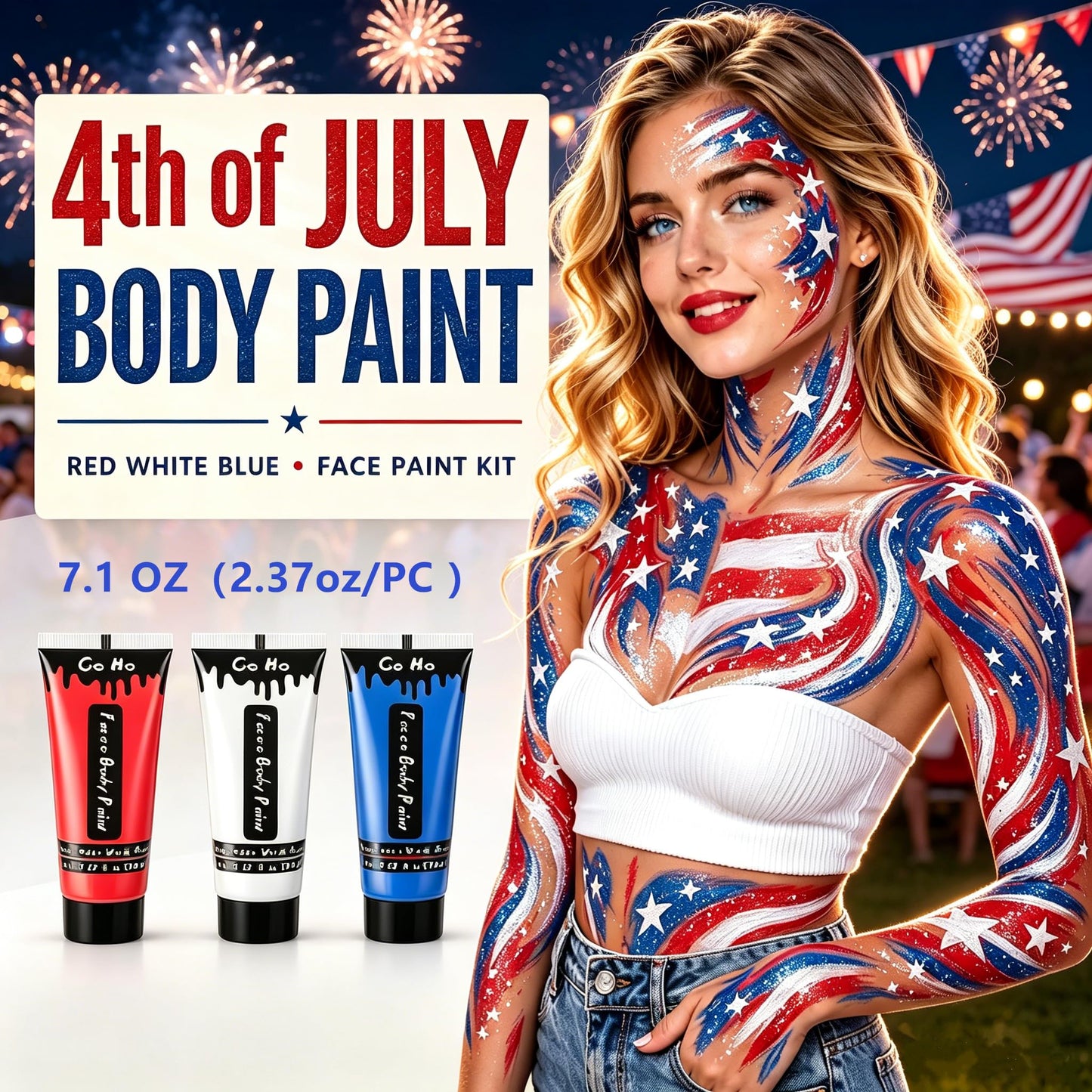 Go Ho Red White and Blue Face Body Paint(7.1 oz) for Independence Day,4th of July Accessories,Cream Water Based Patriotic USA Flag Face Paint for Sport Game 250 Anniversary USA Makeup