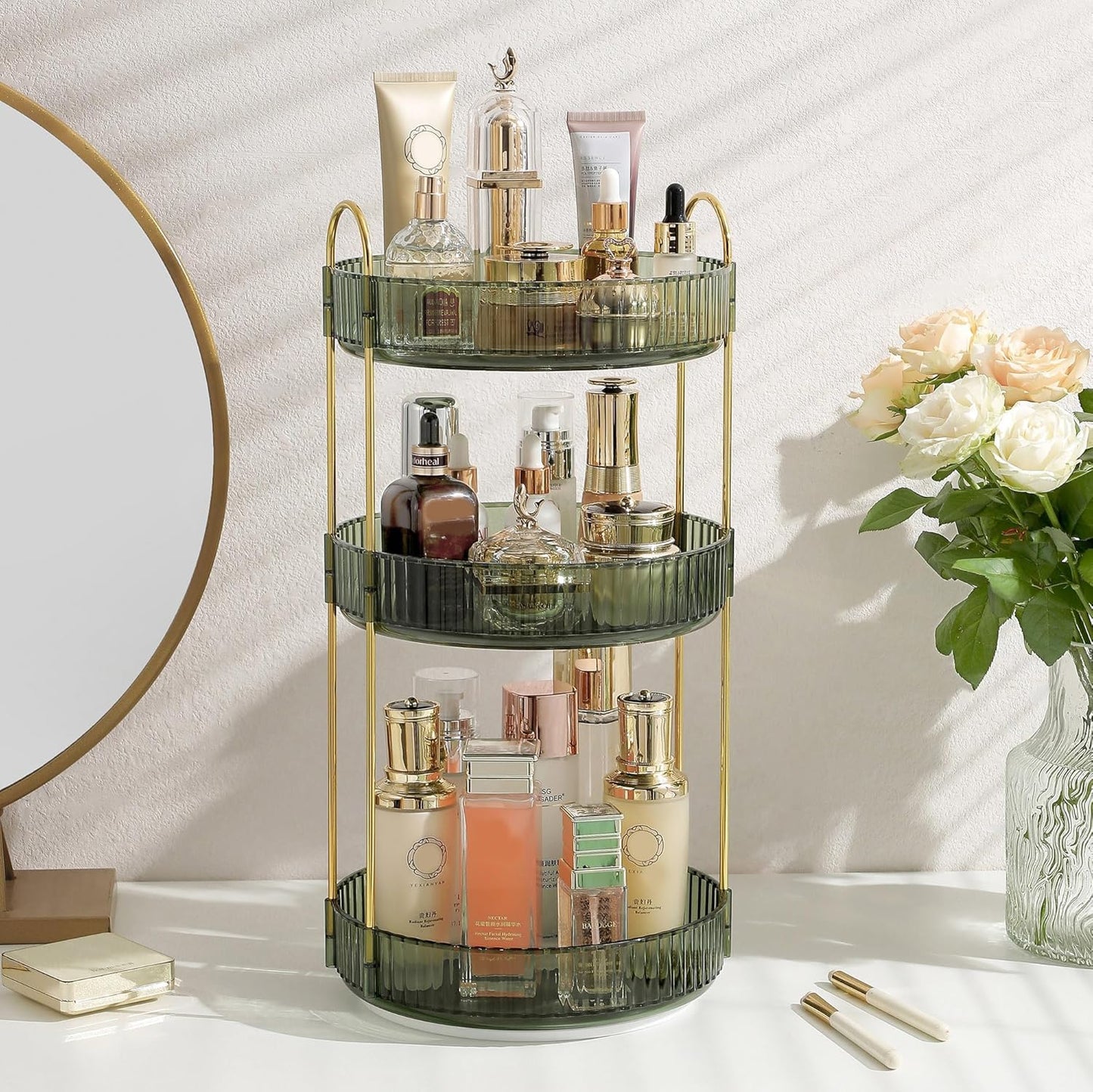 Rotating Makeup Organizer - 3 Tier Clear Cosmetic Holder for Vanity | Grey Perfume & Skincare Storage