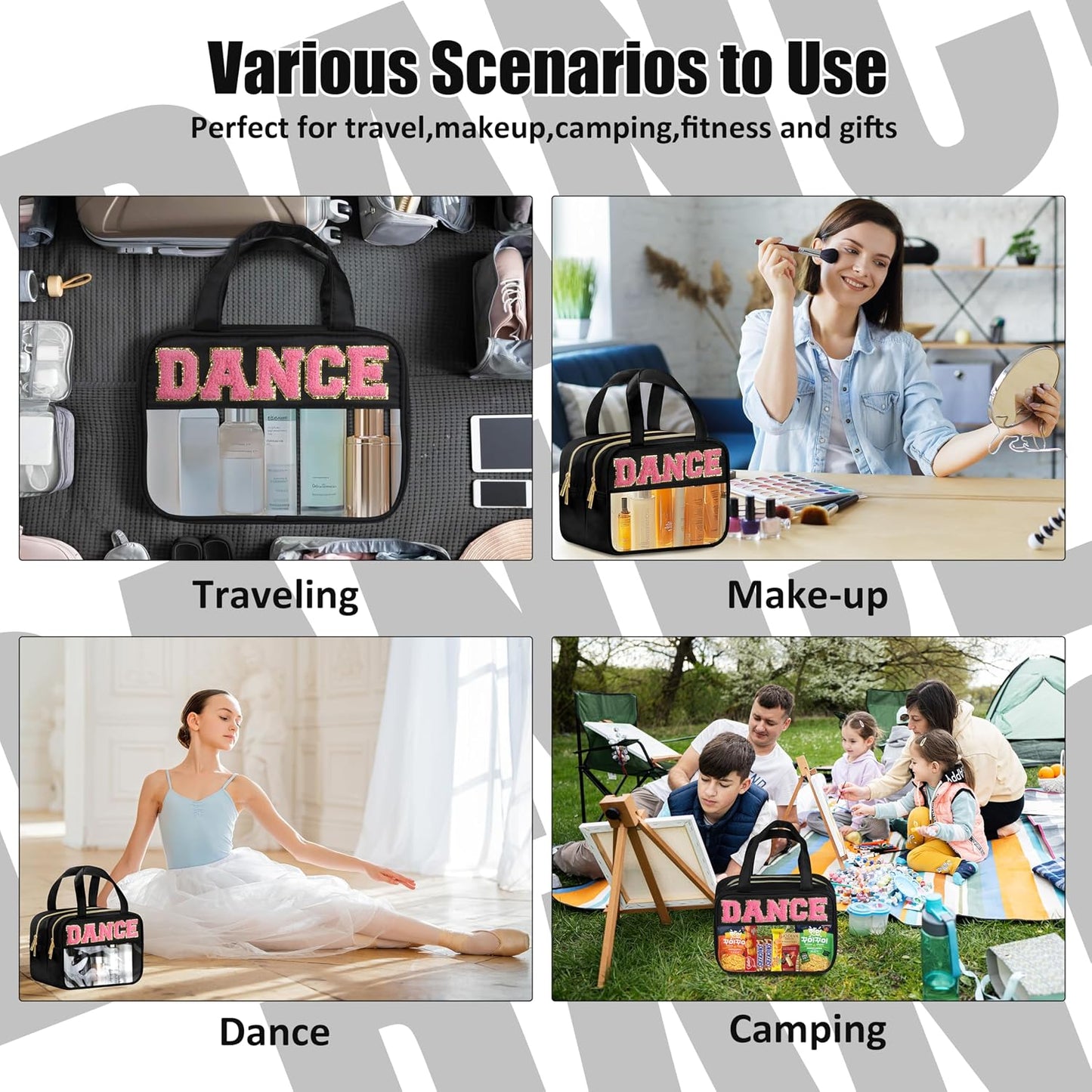 Dance Chenille Letter Bags - Clear Makeup Travel Pouch | Waterproof Nylon & PVC, Large Cosmetic Storage for Women