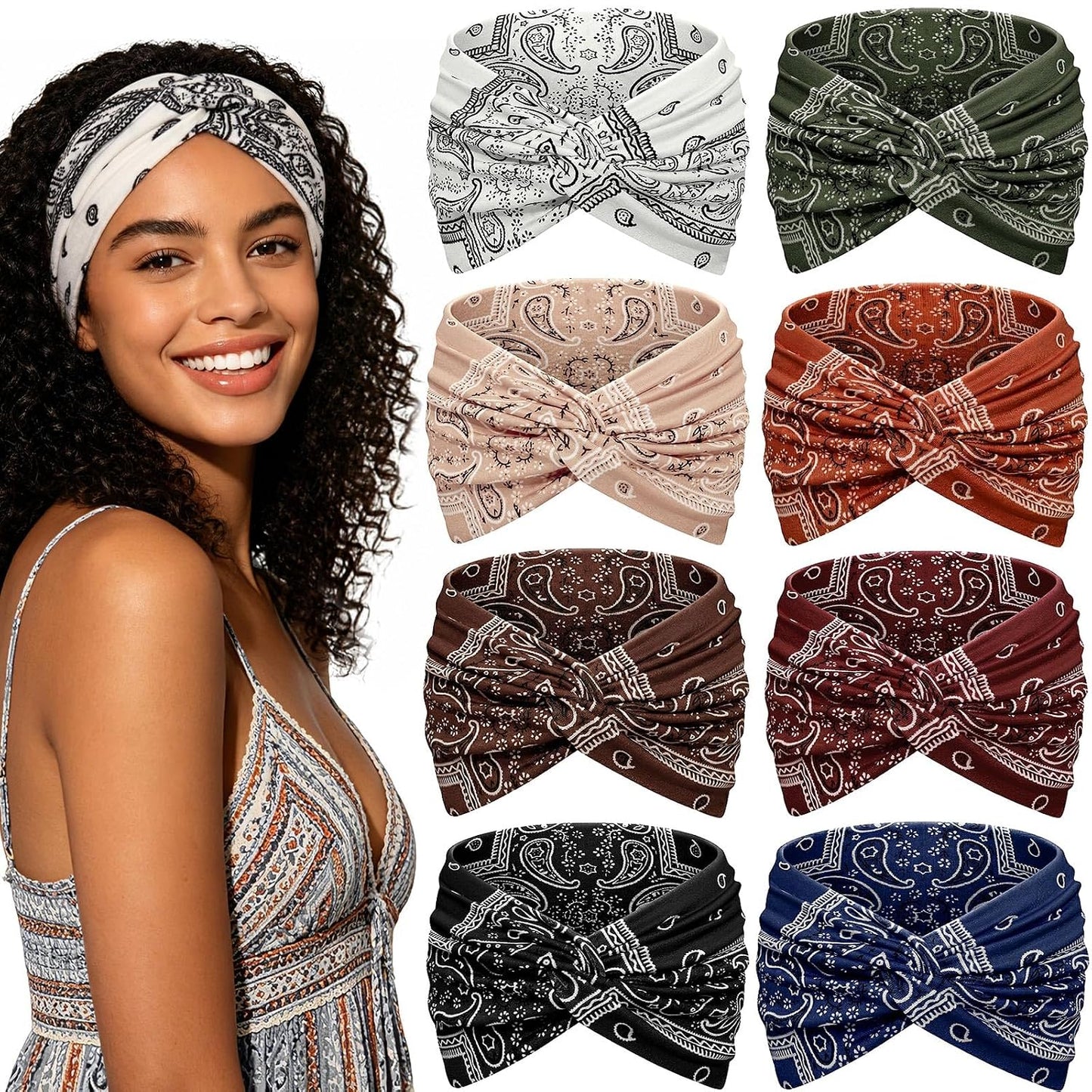 Wide Headbands for Women - 7.08 Inch Thick Boho Turban Hair Wraps | Non-Slip, Moisture-Wicking, 8 Pack Multi Colors